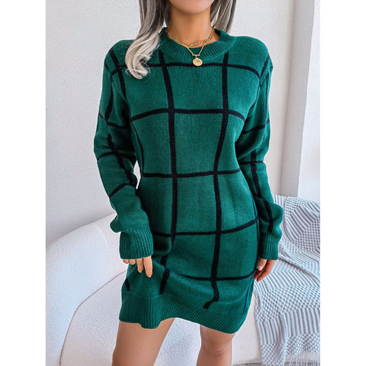 Plaid Round Neck Dropped Shoulder Sweater Dress