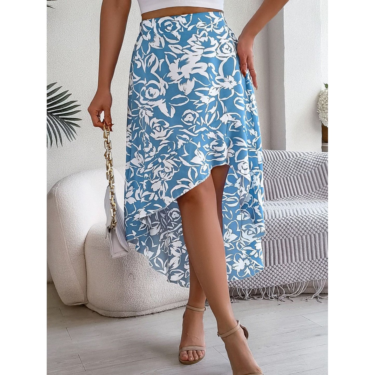 High-Low Printed High Waist Skirt