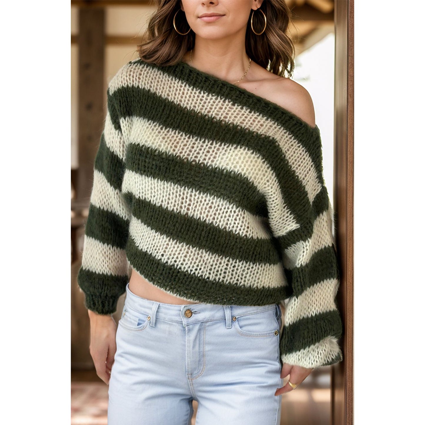 Striped Boat Neck Long Sleeve Sweater