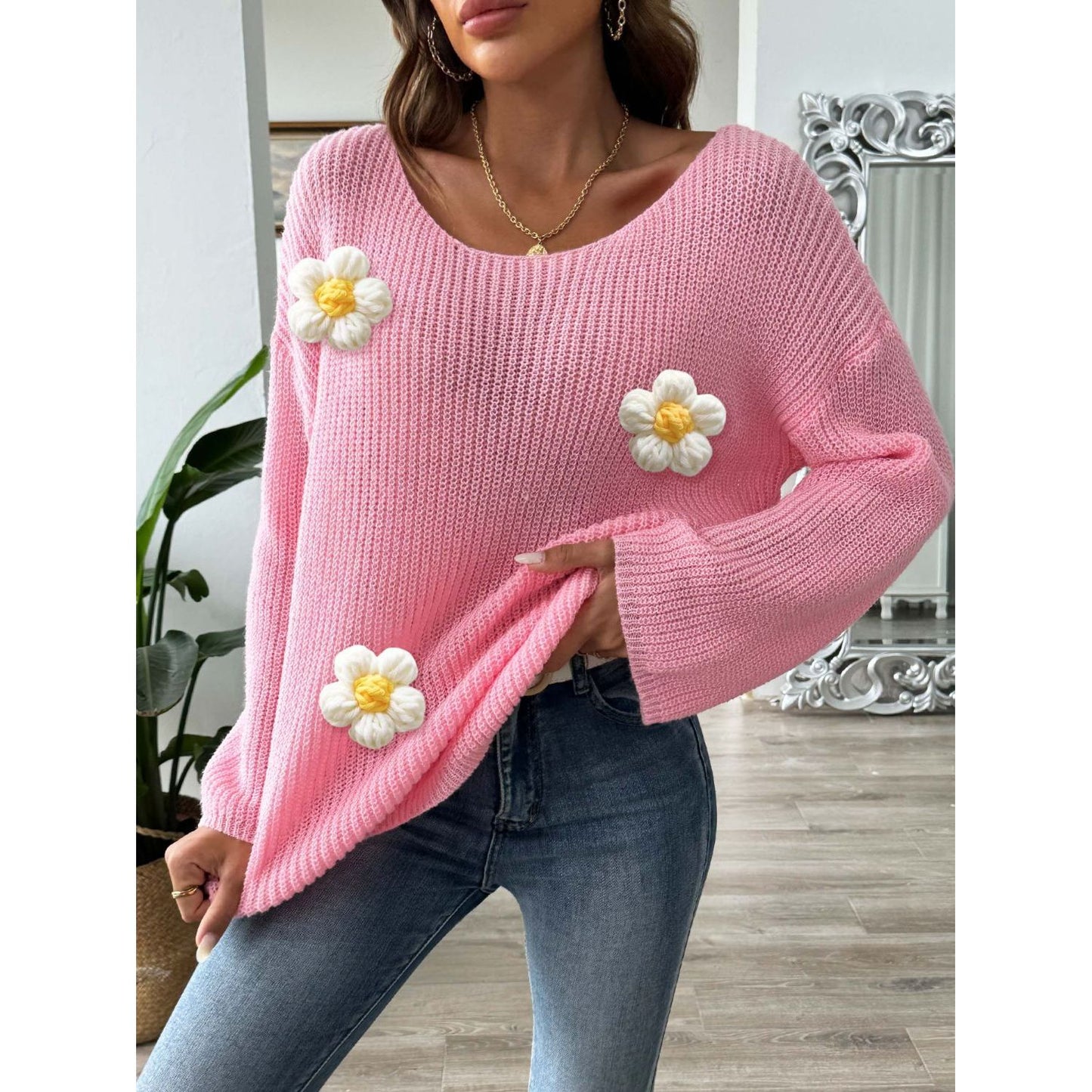 Flower Round Neck Long Sleeve Sweater