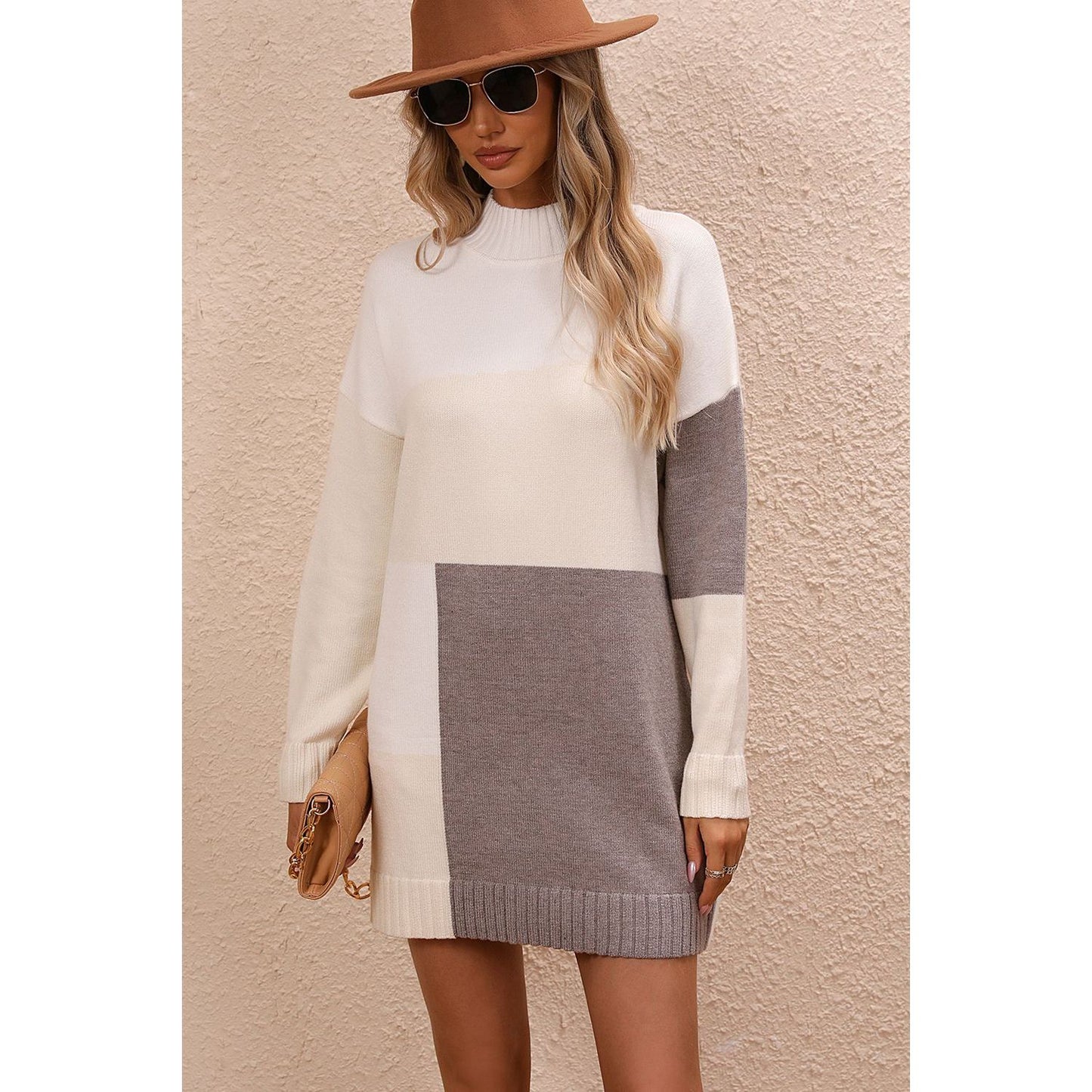 Color Block Mock Neck Dropped Shoulder Sweater Dress