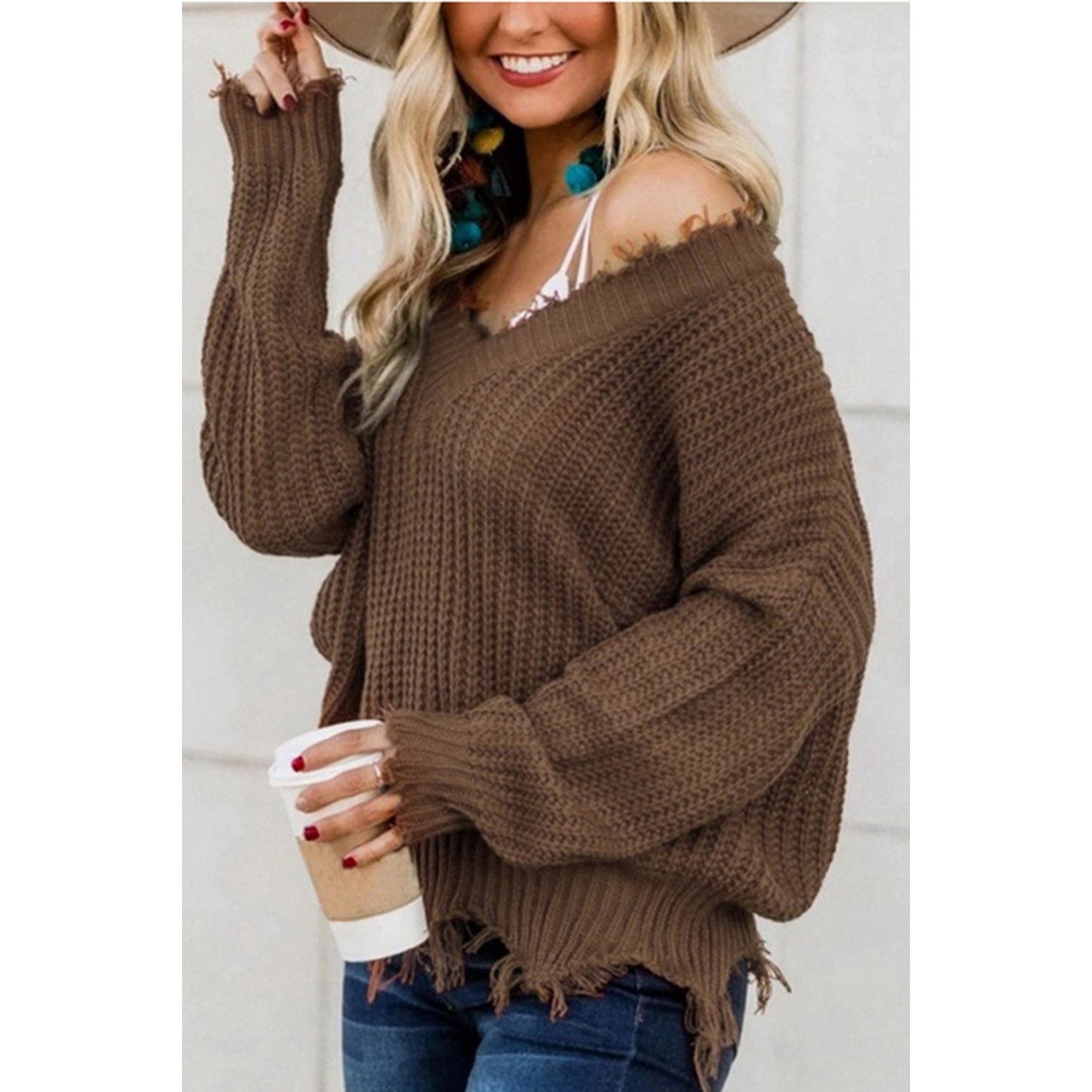 Frayed Hem Dropped Shoulder Sweater