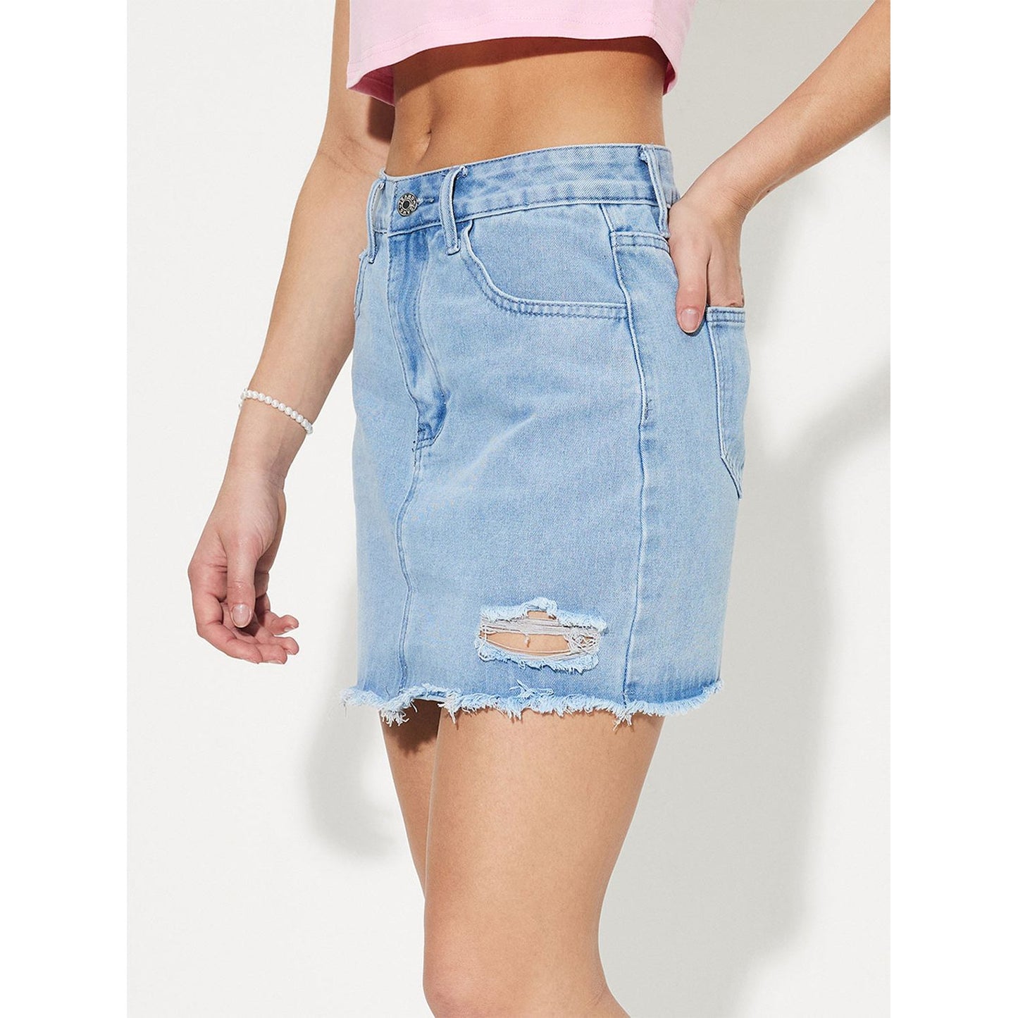 Distressed Raw Hem Mini Denim Skirt