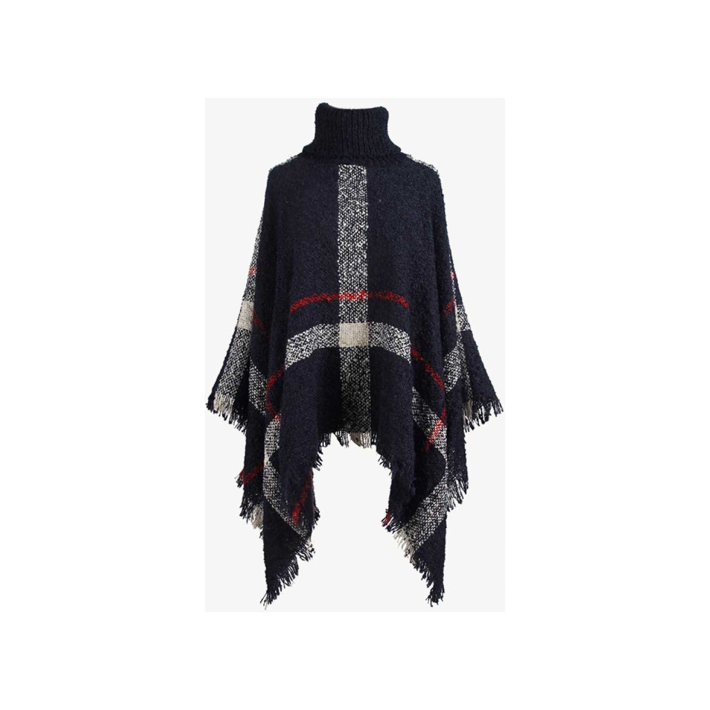 Plaid Turtleneck Raw Hem Poncho