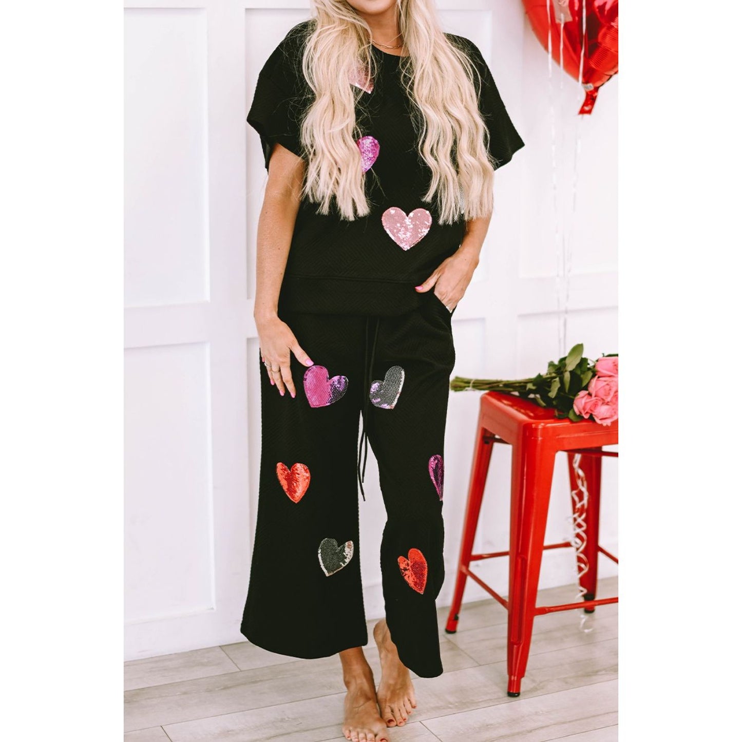 Heart Sequin Short Sleeve Top and Drawstring Pants Lounge Set