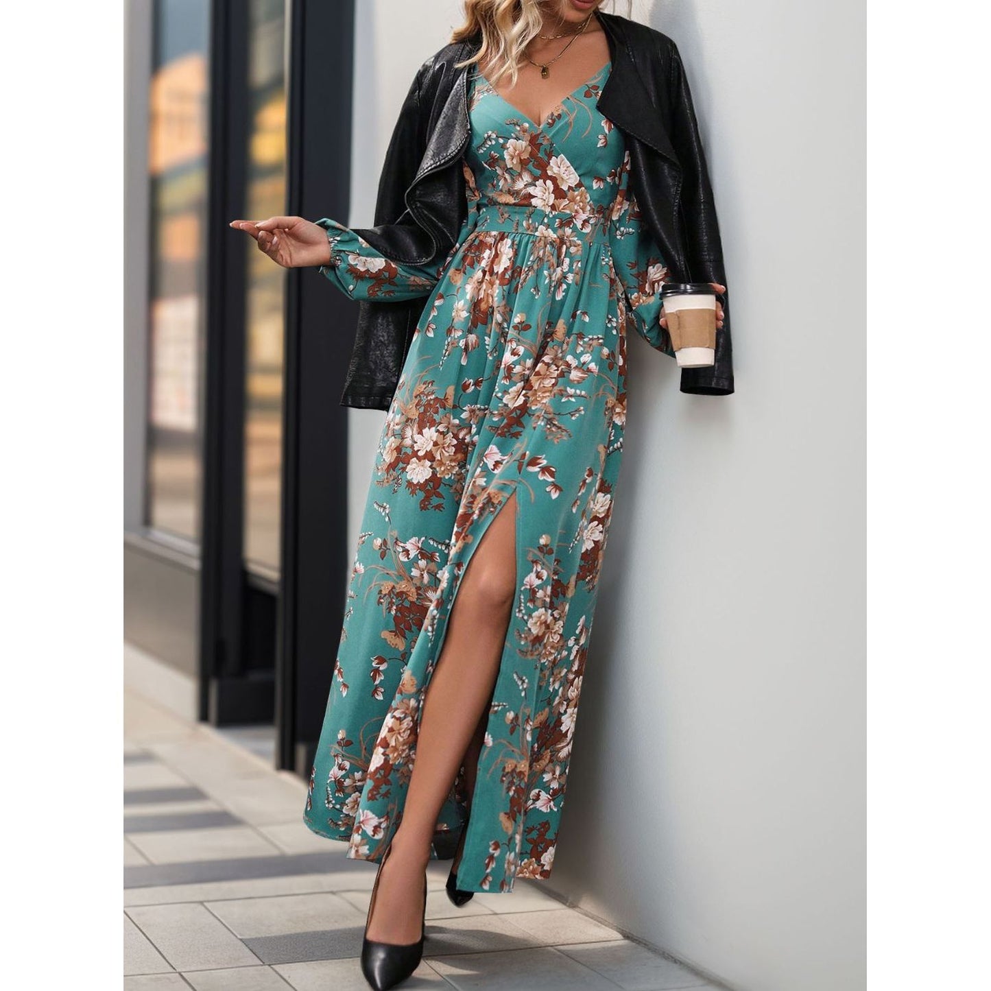 Slit Printed Surplice Long Sleeve Maxi Dress