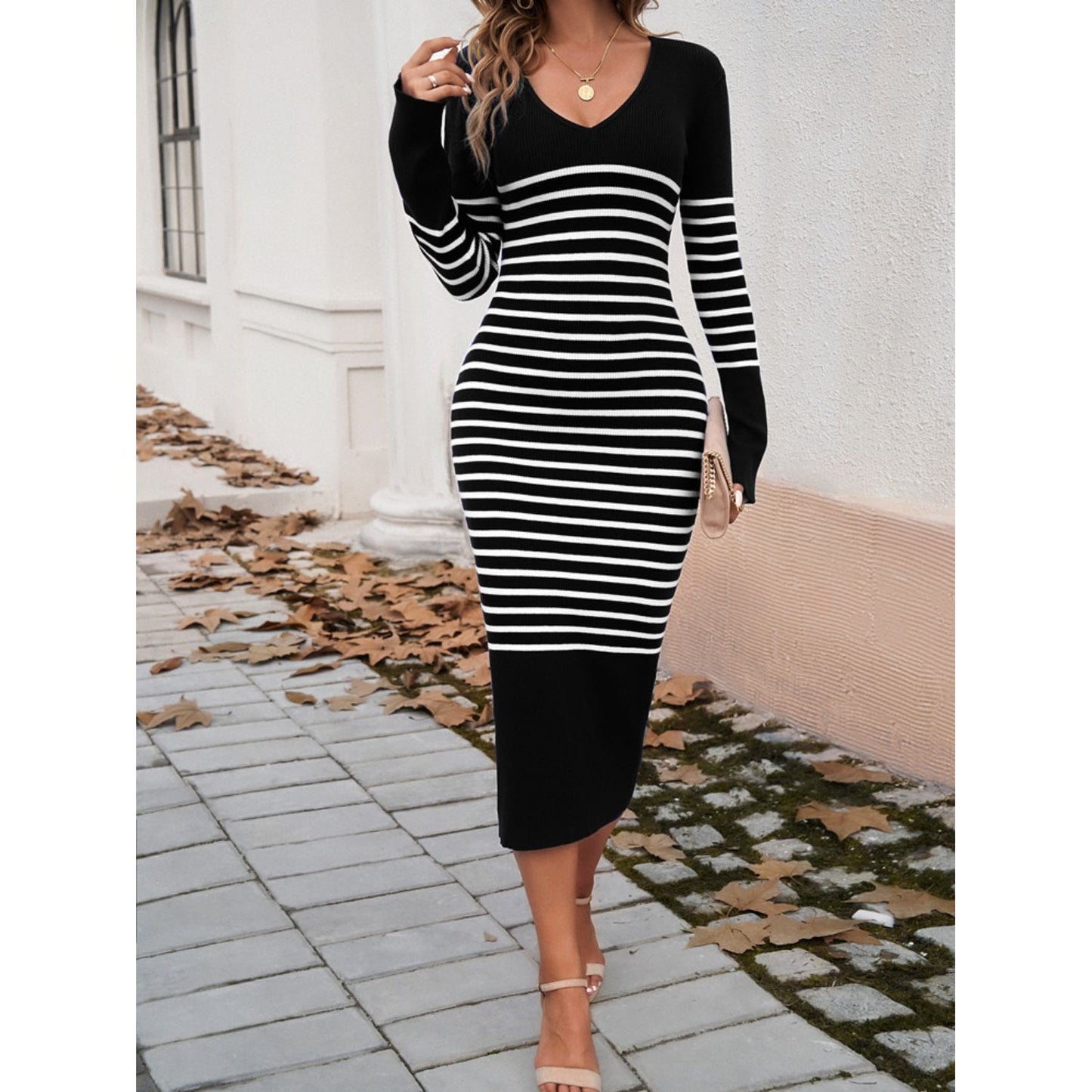 Devine Striped V-Neck Long Sleeve Sweater Dress