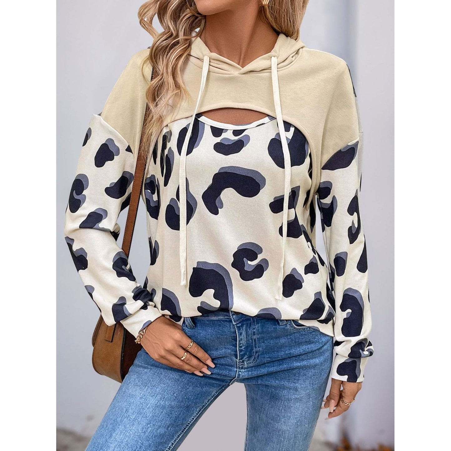 Perfee Drawstring Faux Layered Long Sleeve Hoodie