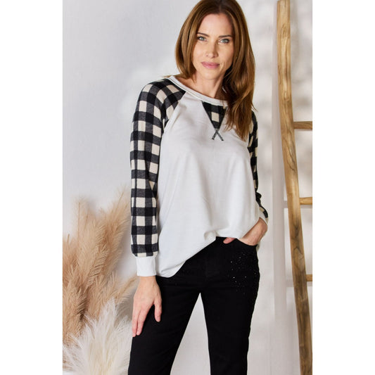 Hailey & Co Full Size Plaid Raglan Sleeve Round Neck Blouse