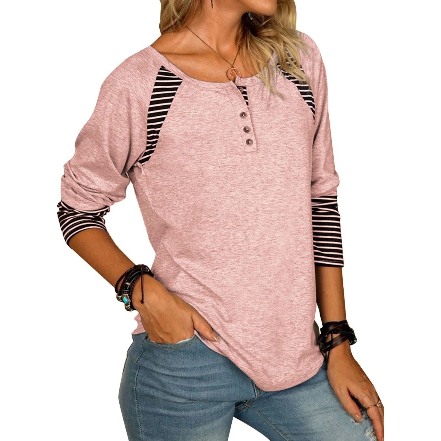 Full Size Striped Quarter Button Long Sleeve T-Shirt