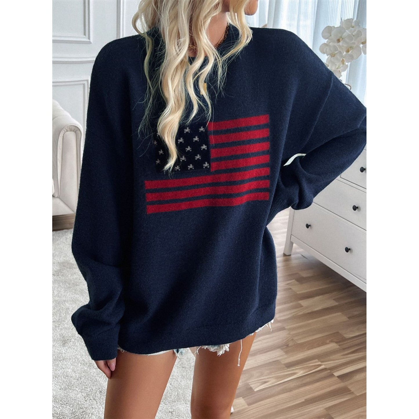 Devine US Flag Round Neck Long Sleeve Knit Top