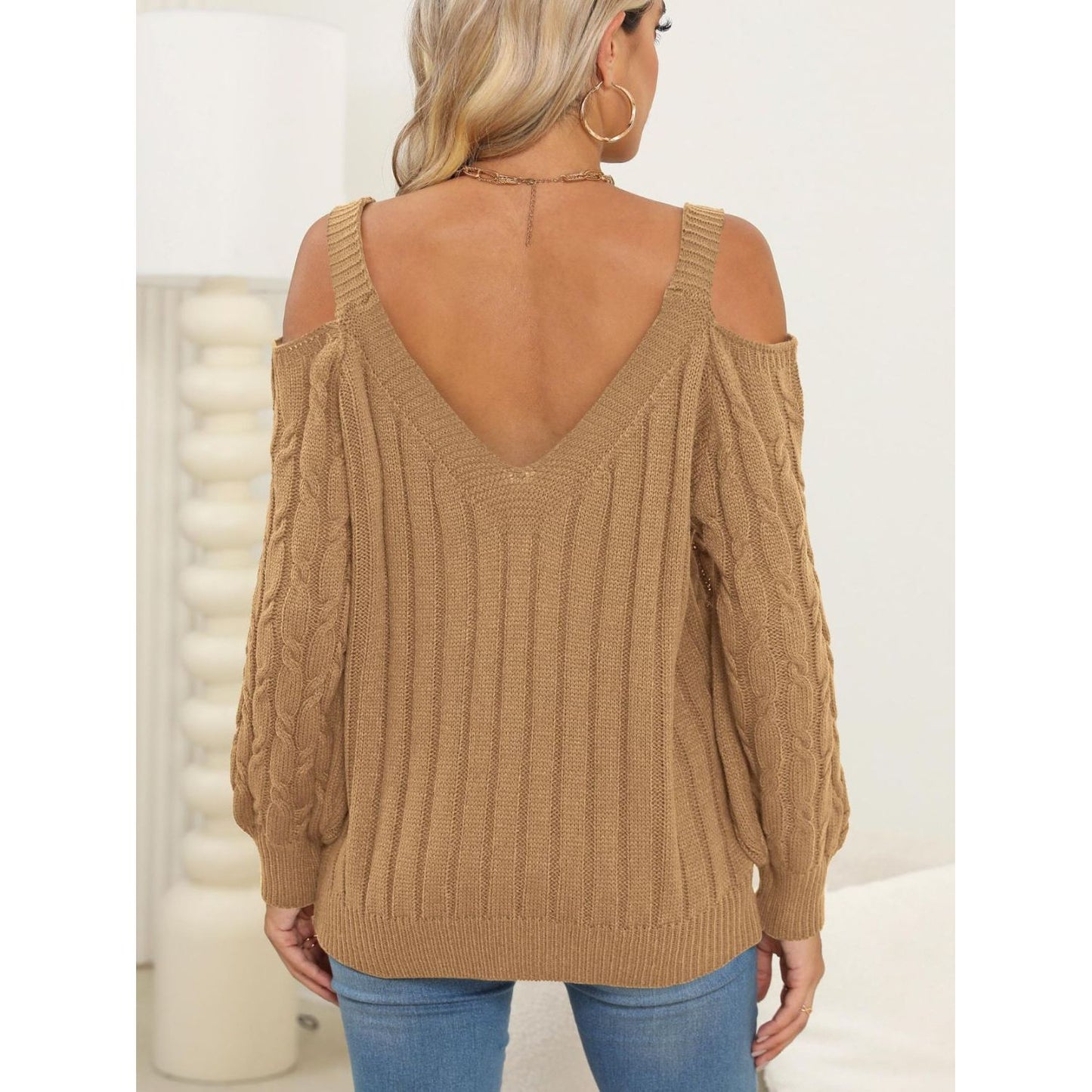 Cable-Knit V-Neck Long Sleeve Sweater