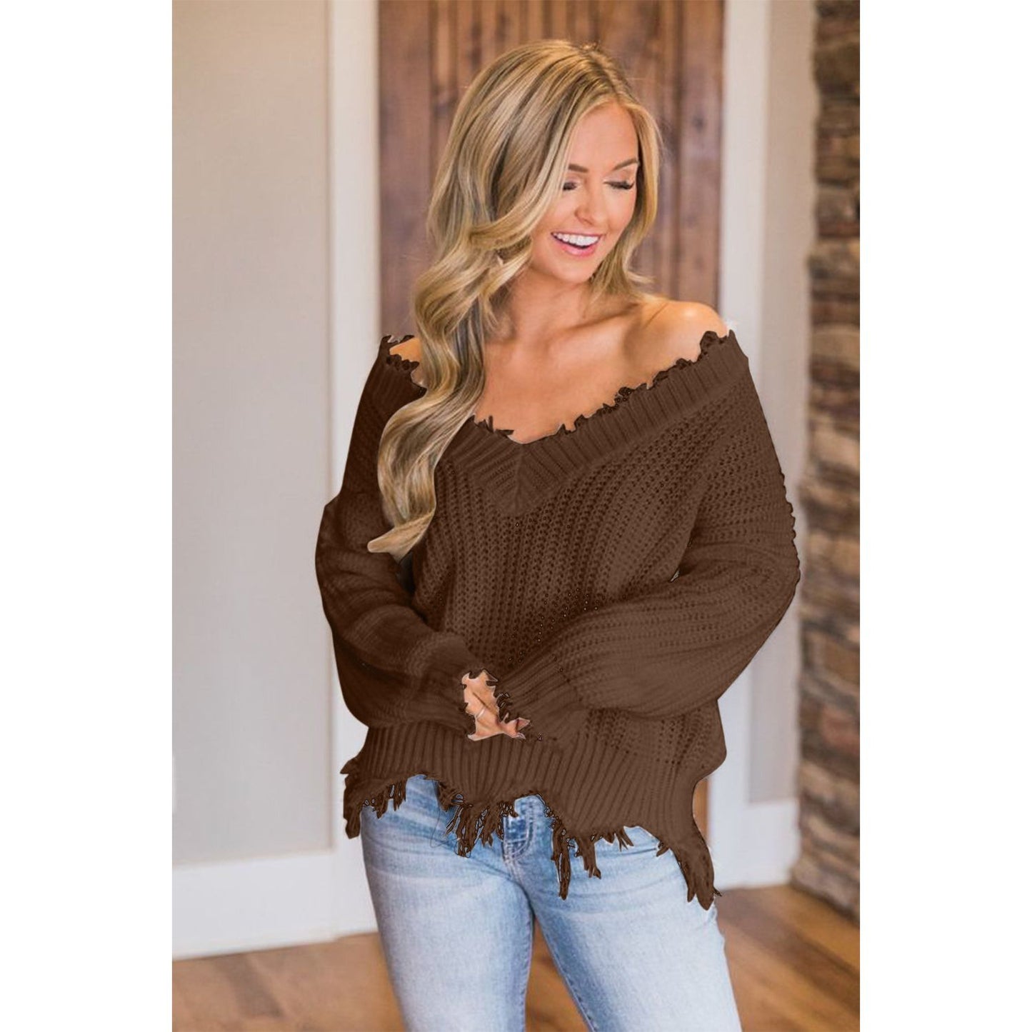 Frayed Hem Dropped Shoulder Sweater