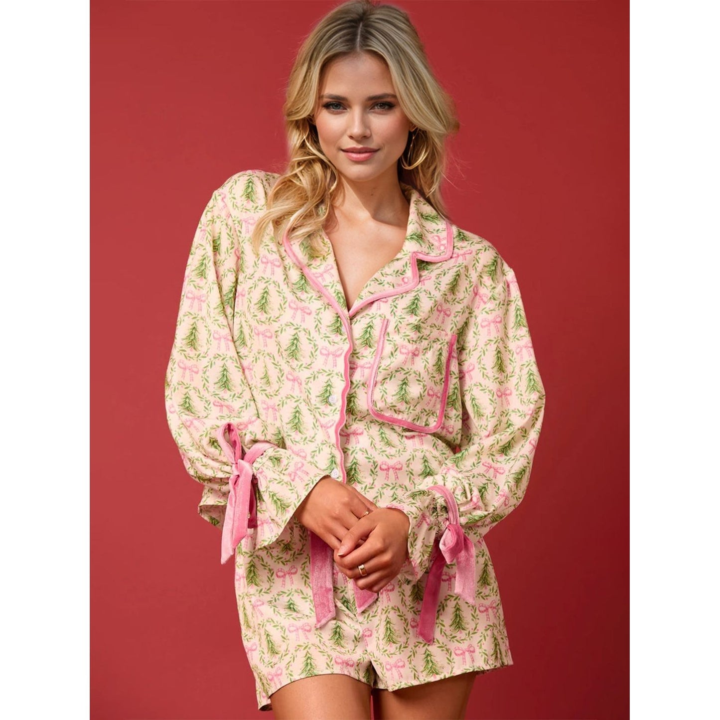 Tied Printed Collared Neck Long Sleeve Top and Shorts Set