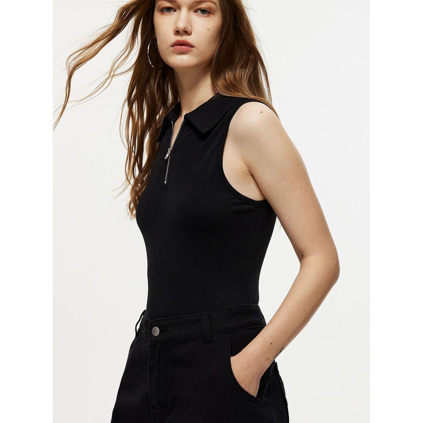 Quarter Zip Collared Neck Sleeveless Bodysuit