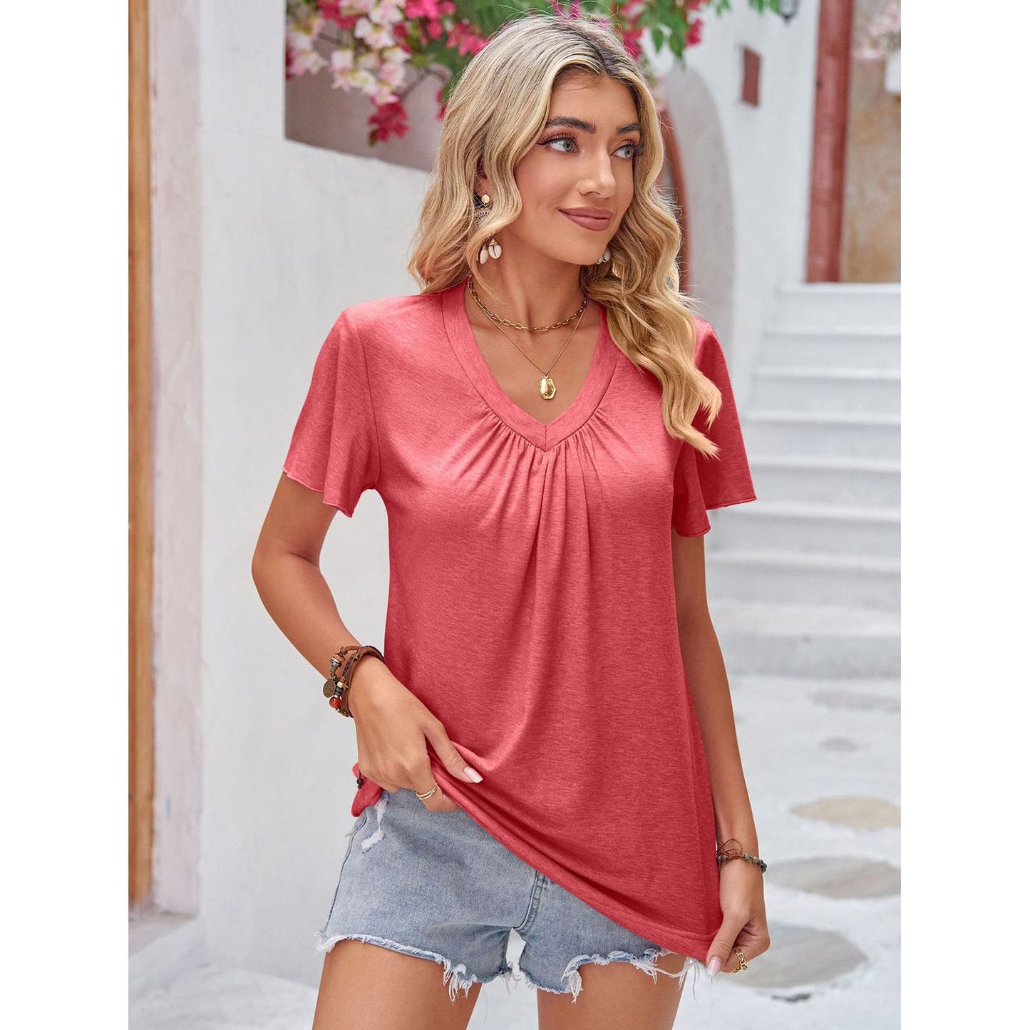 Double Take Ruched V-Neck Short Sleeve T-Shirt