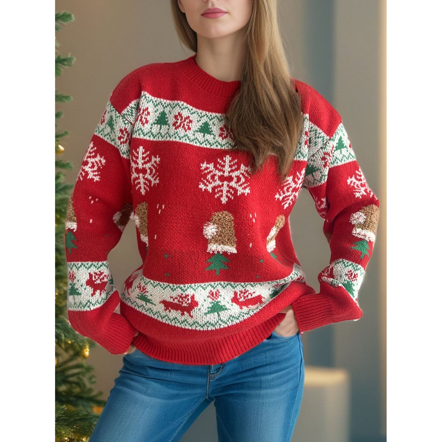 Christmas Element Round Neck Long Sleeve Sweater