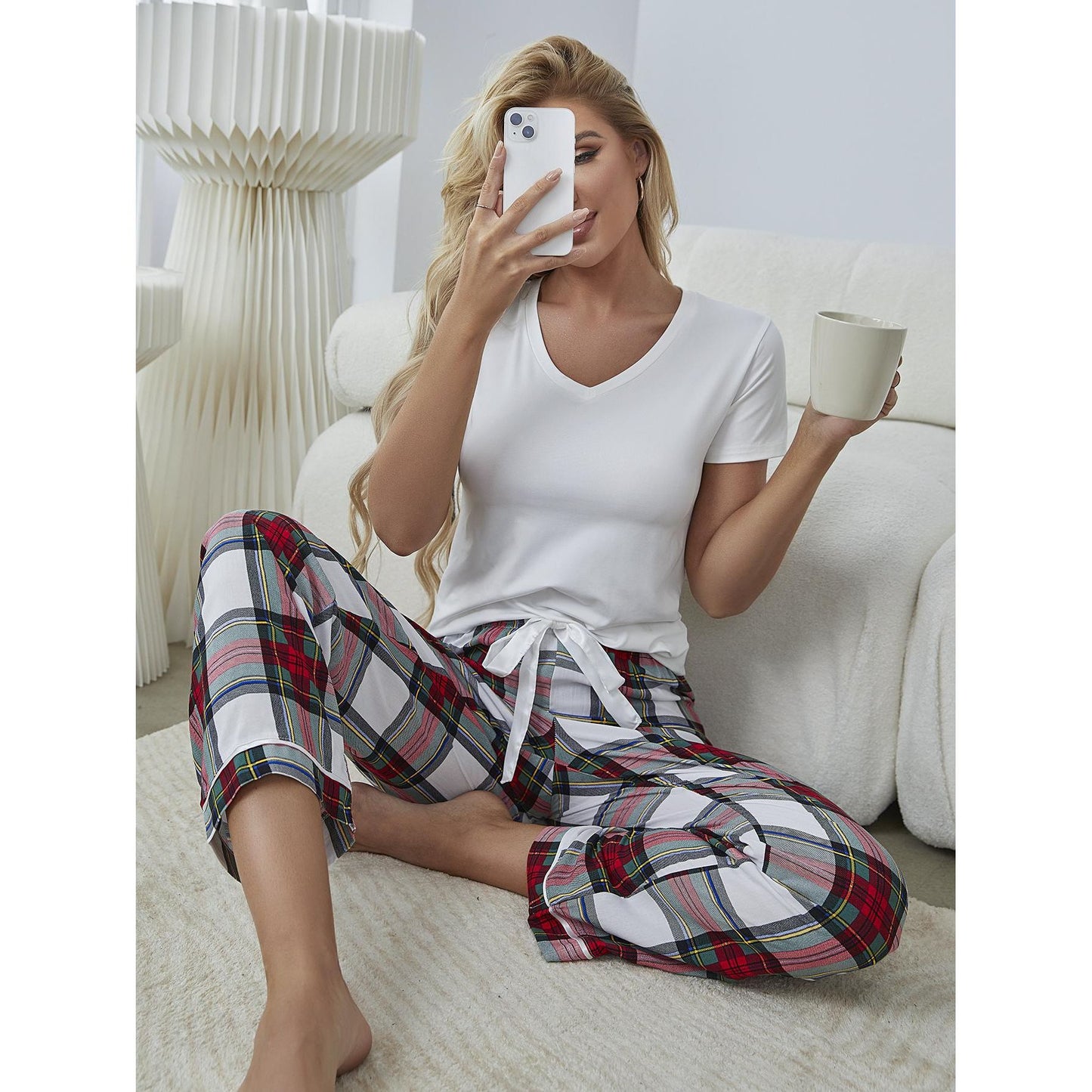 V-Neck Tee and Plaid Pants Lounge Set