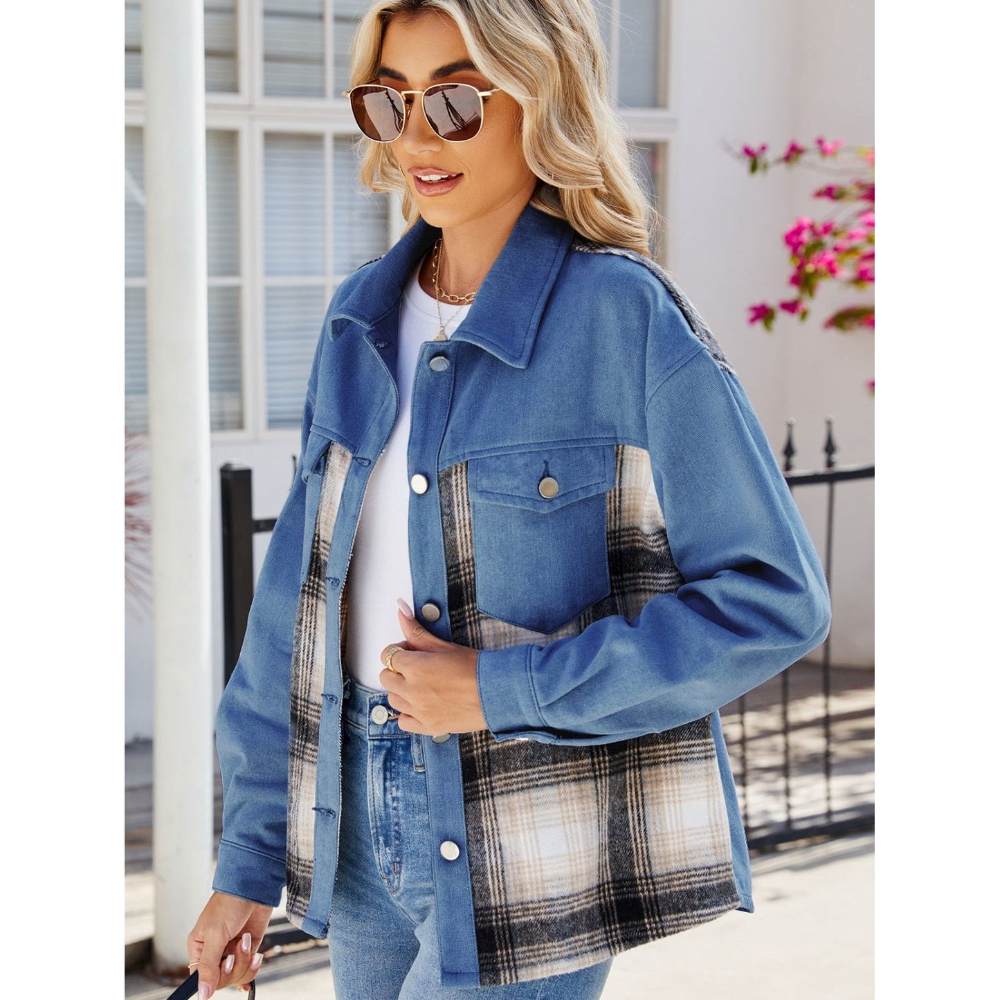 Plaid Button Up Long Sleeve Denim Jacket