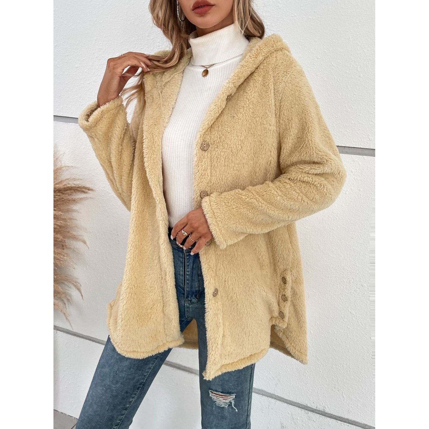 Fuzzy Button Up Hooded Jacket