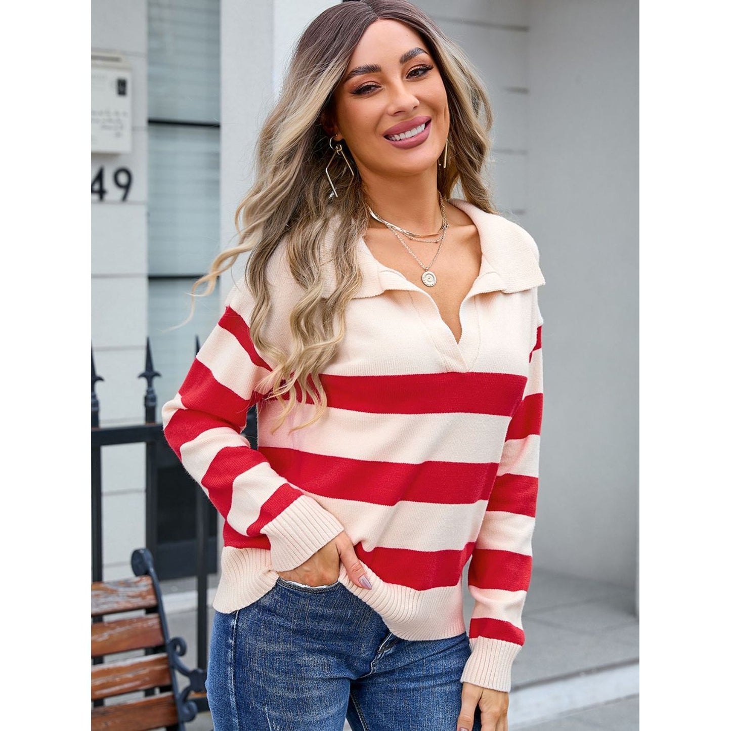 Angel Wings Striped Johnny Collar Knit Top