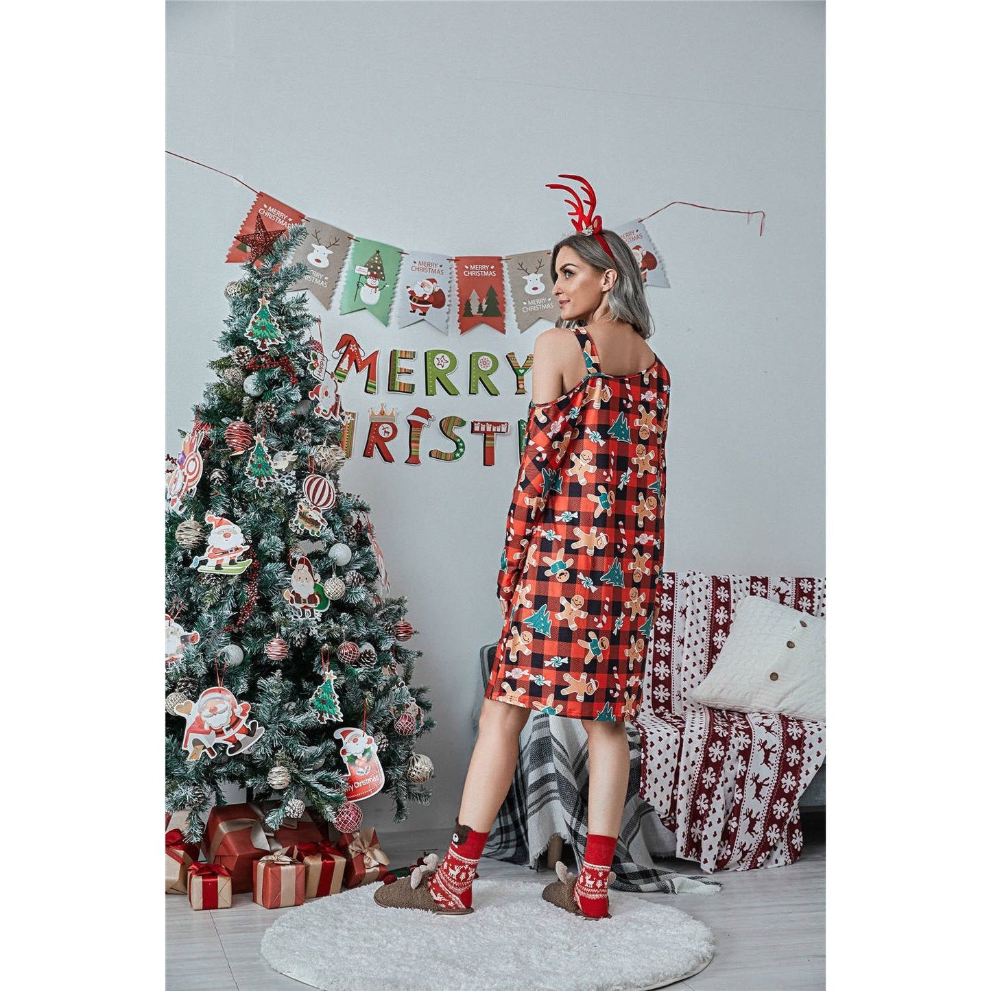 Christmas Asymmetrical Neck Long Sleeve Dress