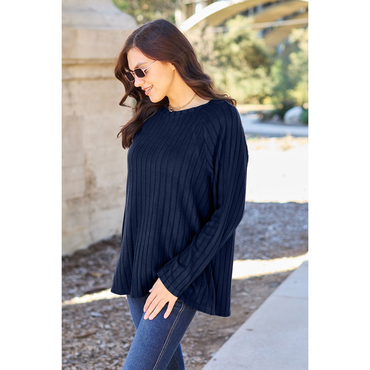 Basic Bae Full Size Ribbed Round Neck Long Sleeve Knit Top