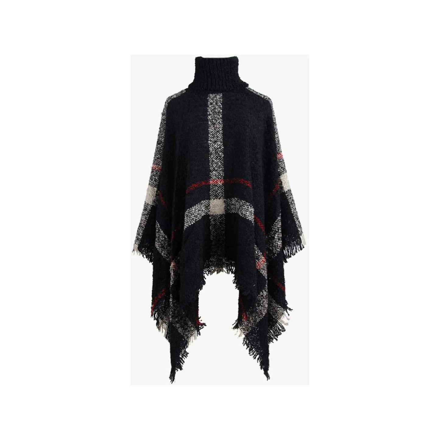 Plaid Turtleneck Raw Hem Poncho