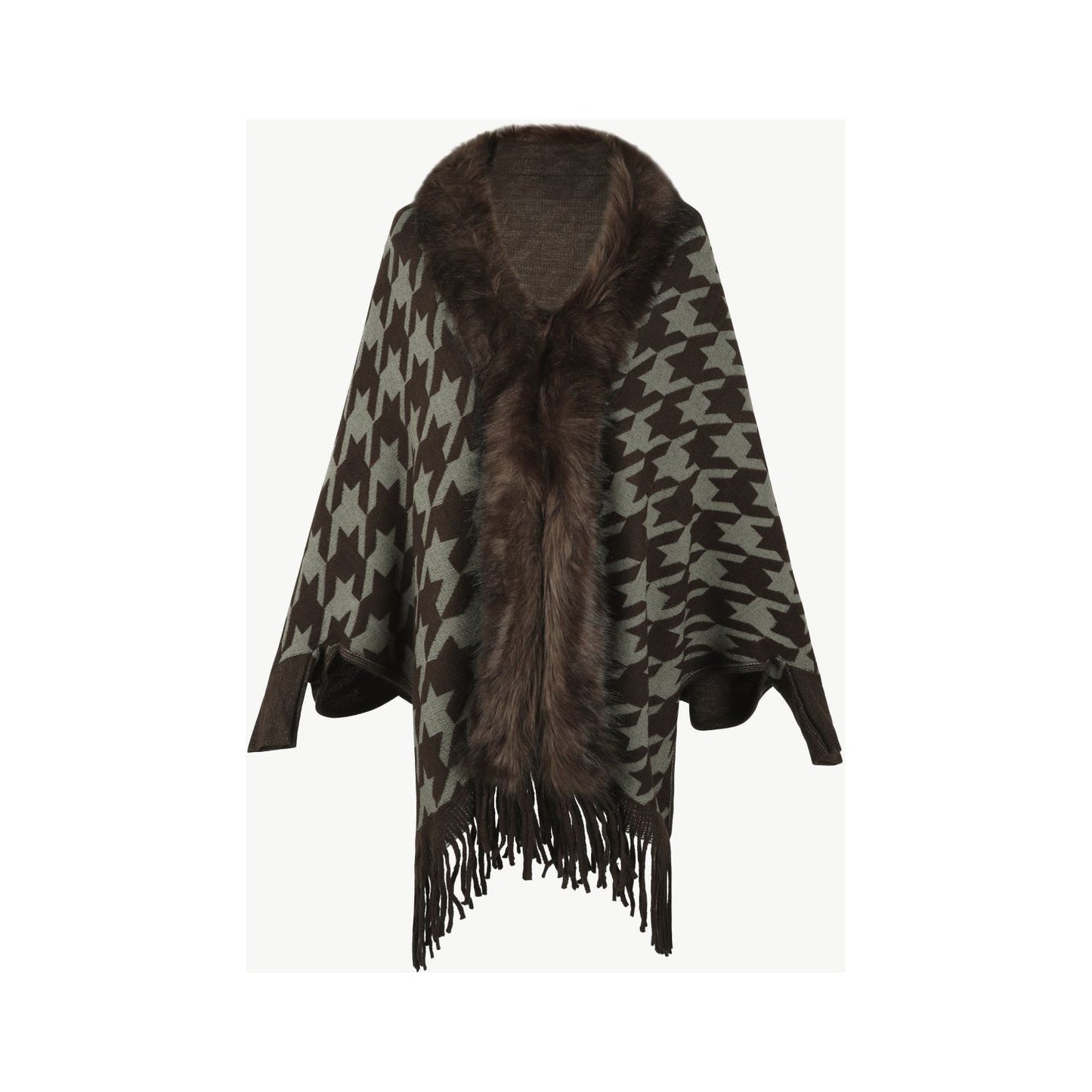 Houndstooth Fringe Hem Poncho