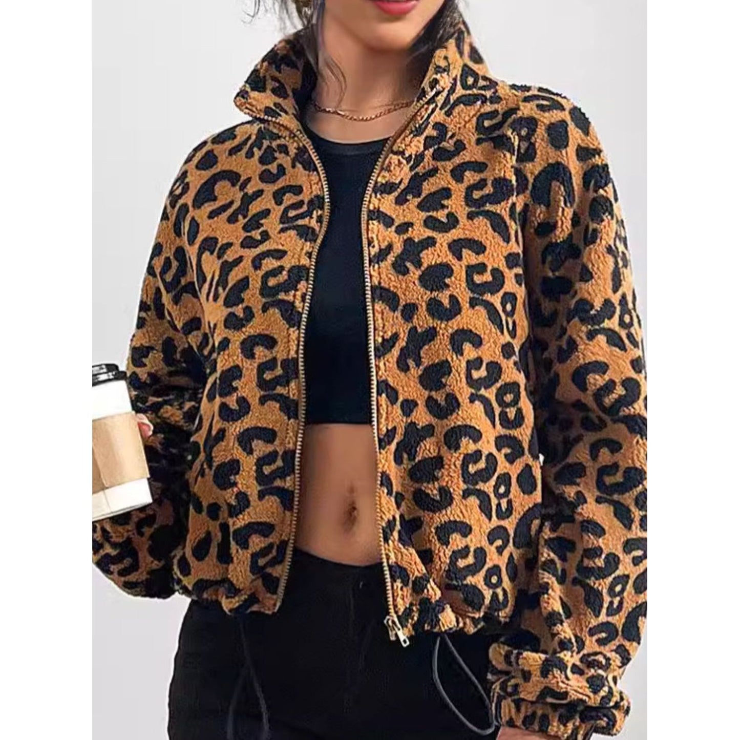 Leopard Zip Up Long Sleeve Jacket