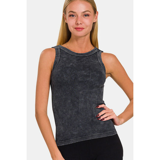 Zenana 2 Way Neckline Washed Ribbed Cropped Tank