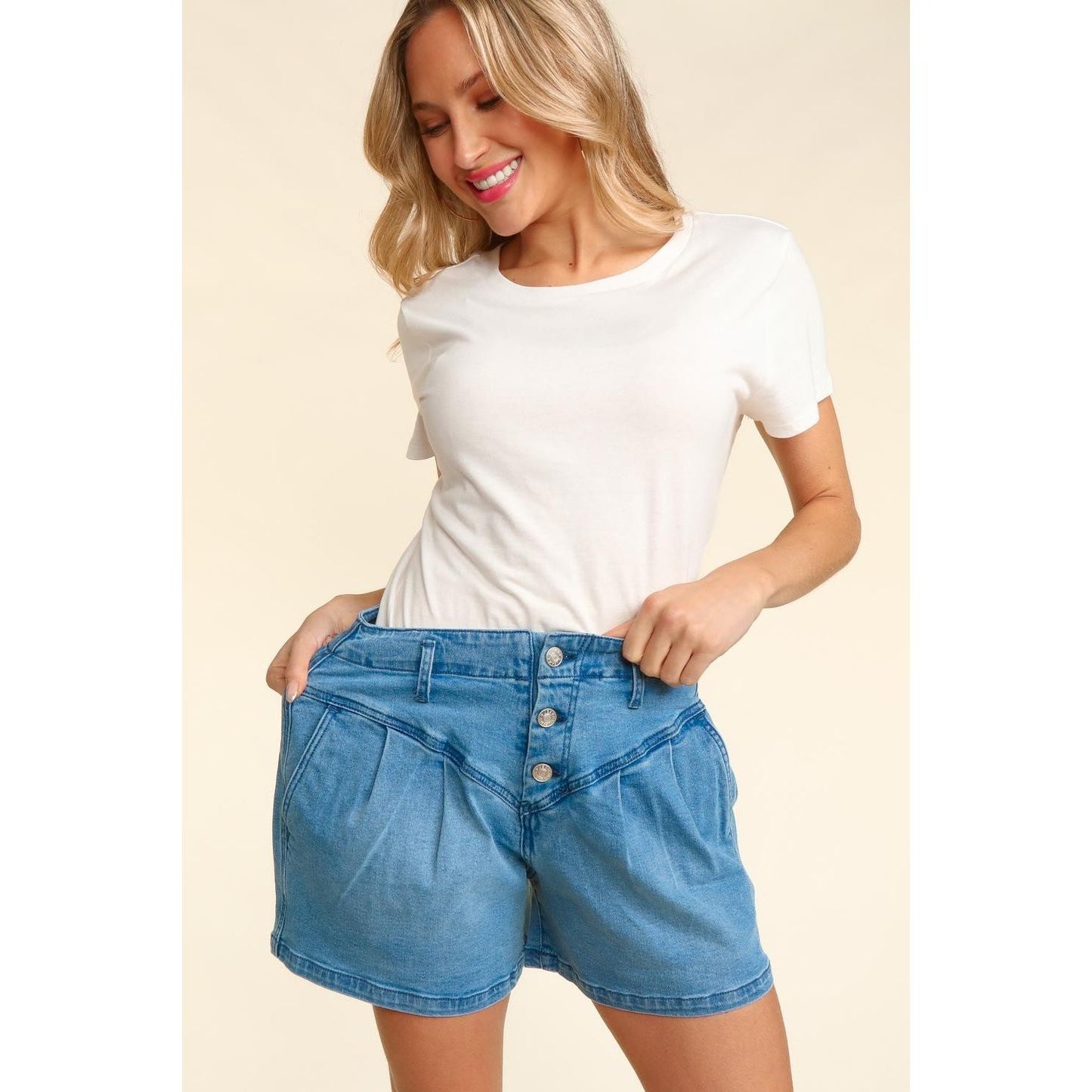 Haptics High Rise Button Fly Washed Denim Shorts