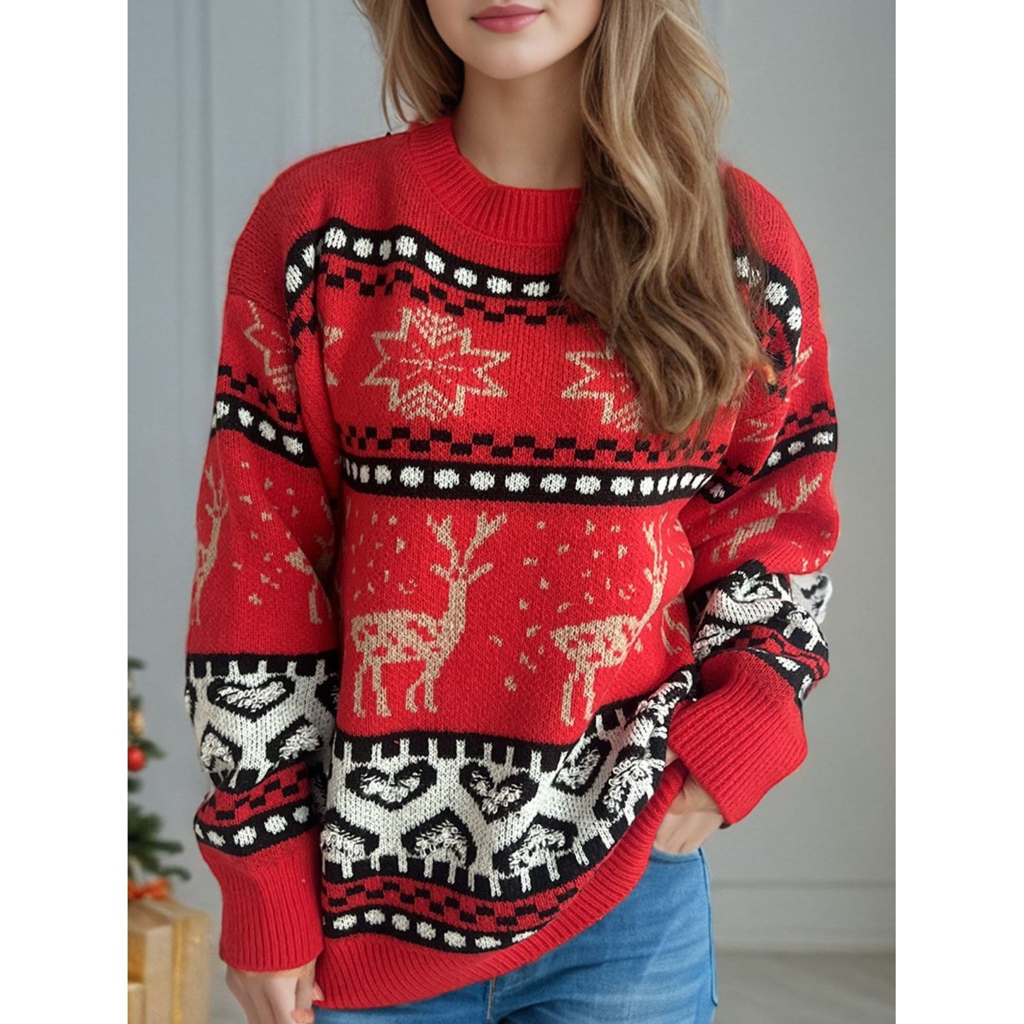 Christmas Element Round Neck Long Sleeve Sweater