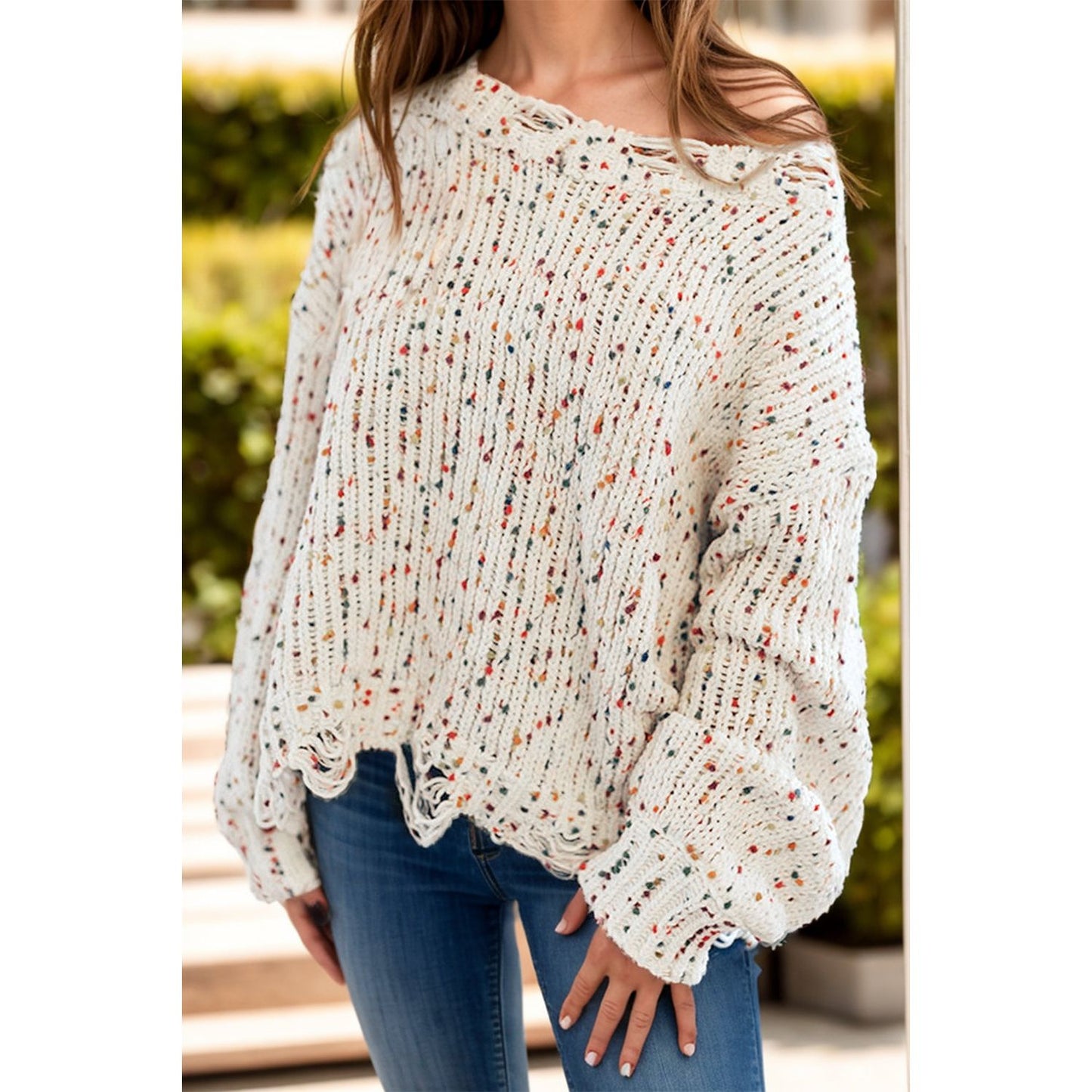 Confetti Round Neck Dropped Shoulder Sweater