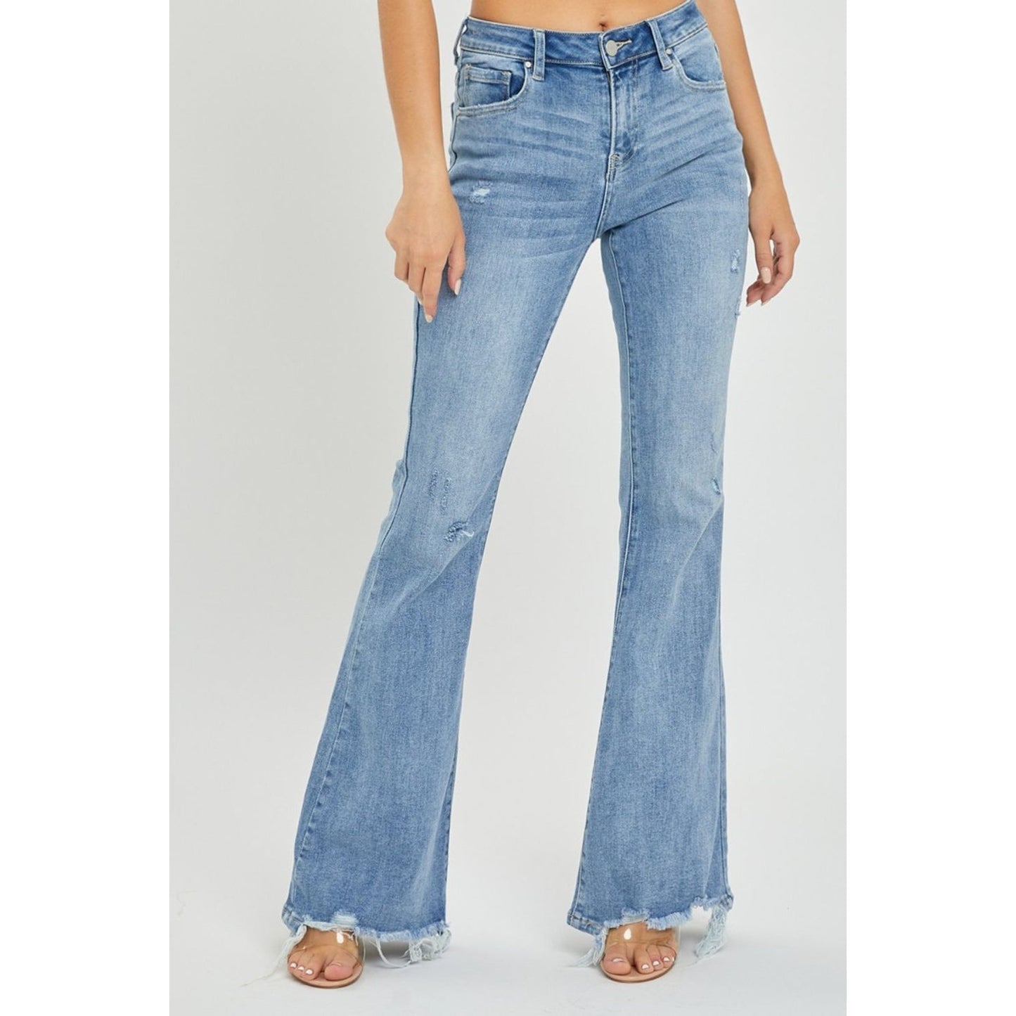 Risen Full Size High Rise Frayed Hem Flare Jeans