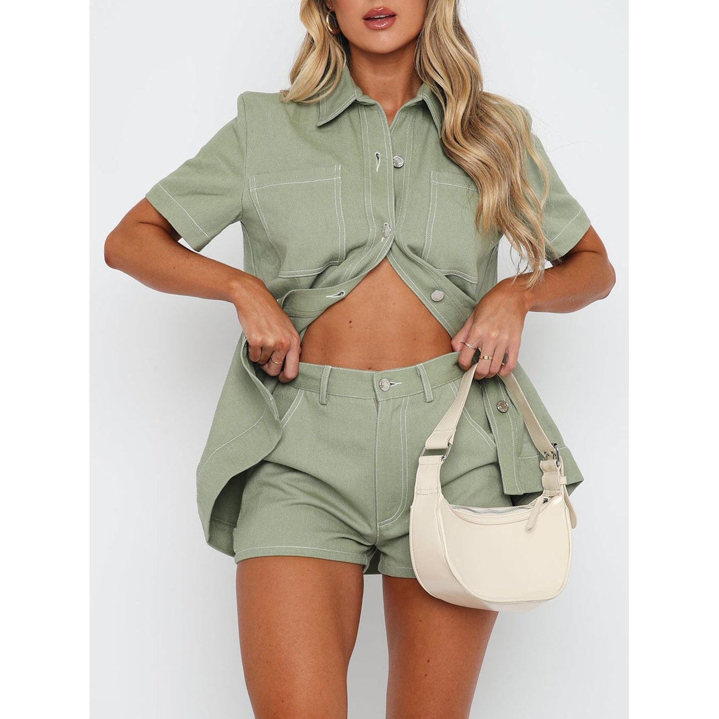 Pocketed Button Up Top and Shorts Set