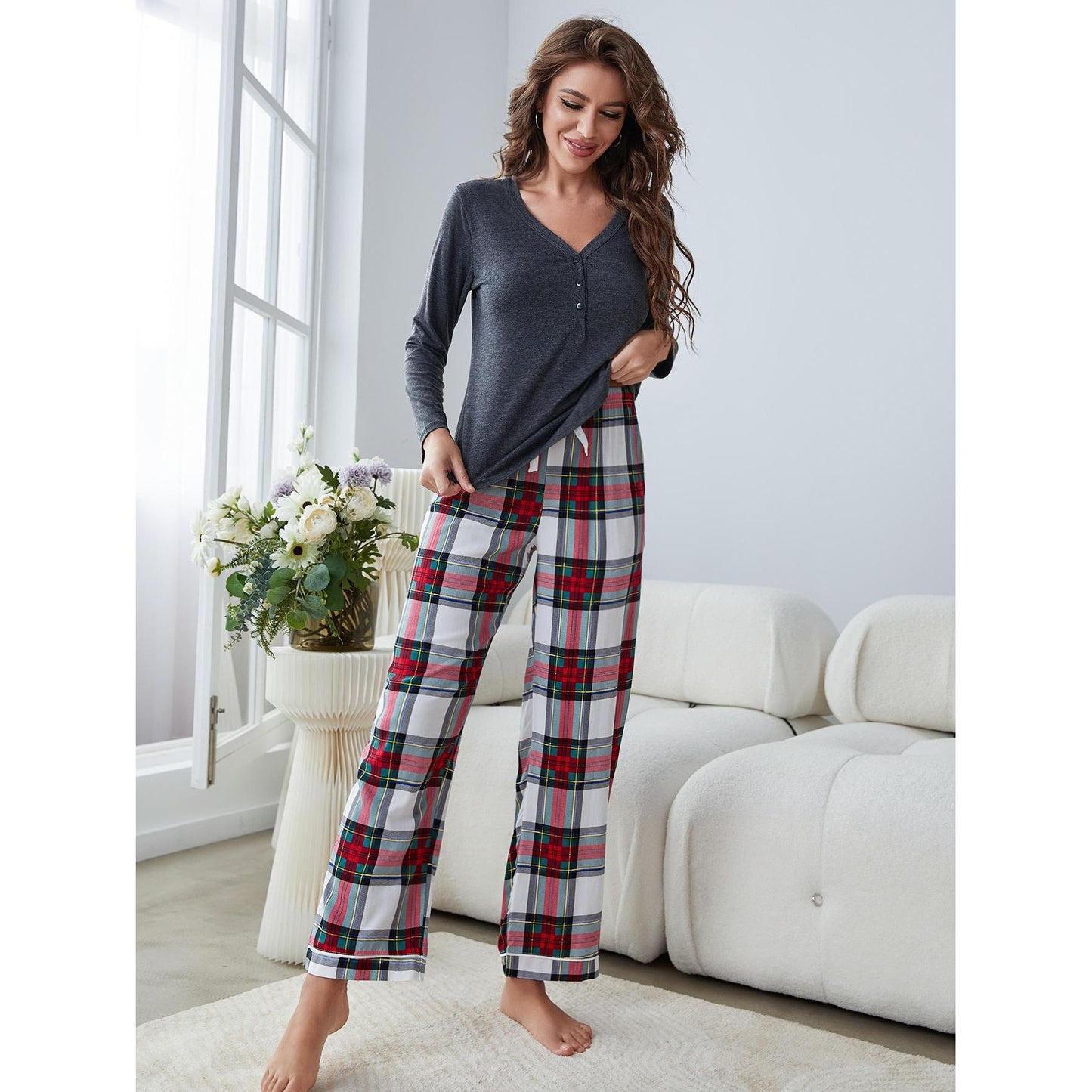 Buttoned Long Sleeve Top and Plaid Pants Lounge Set