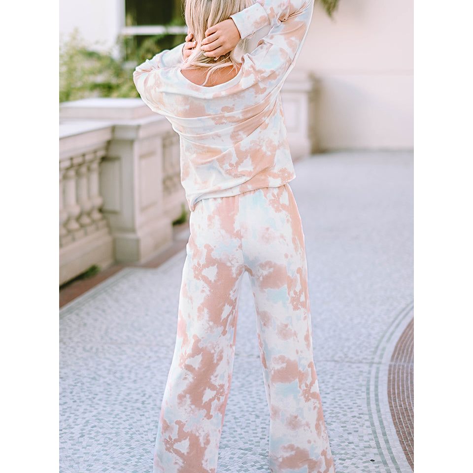 Printed Long Sleeve Top and Wide Leg Pants Lounge Set