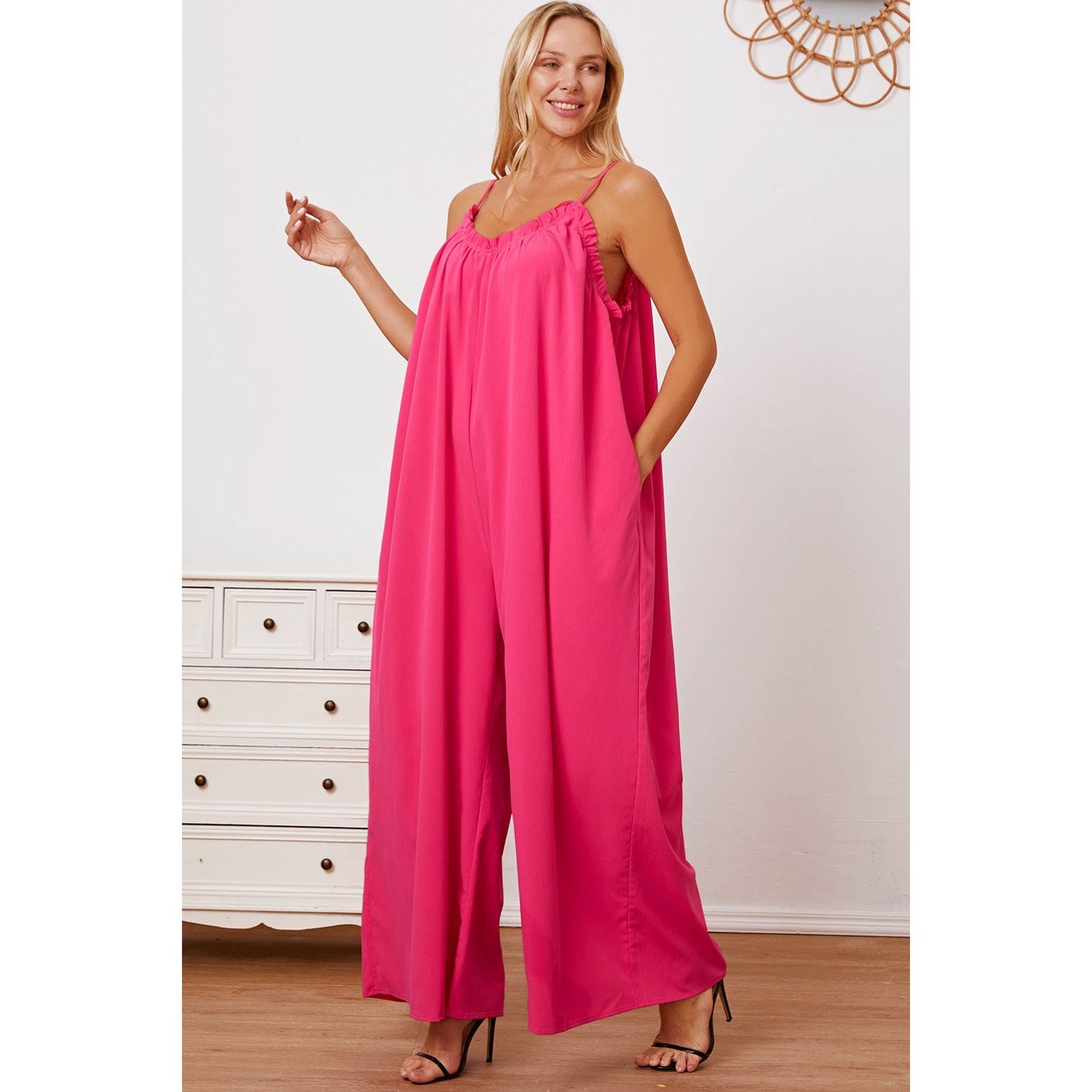 Double Take Full Size Ruffle Trim Tie Back Cami Jumpsuit with Pockets