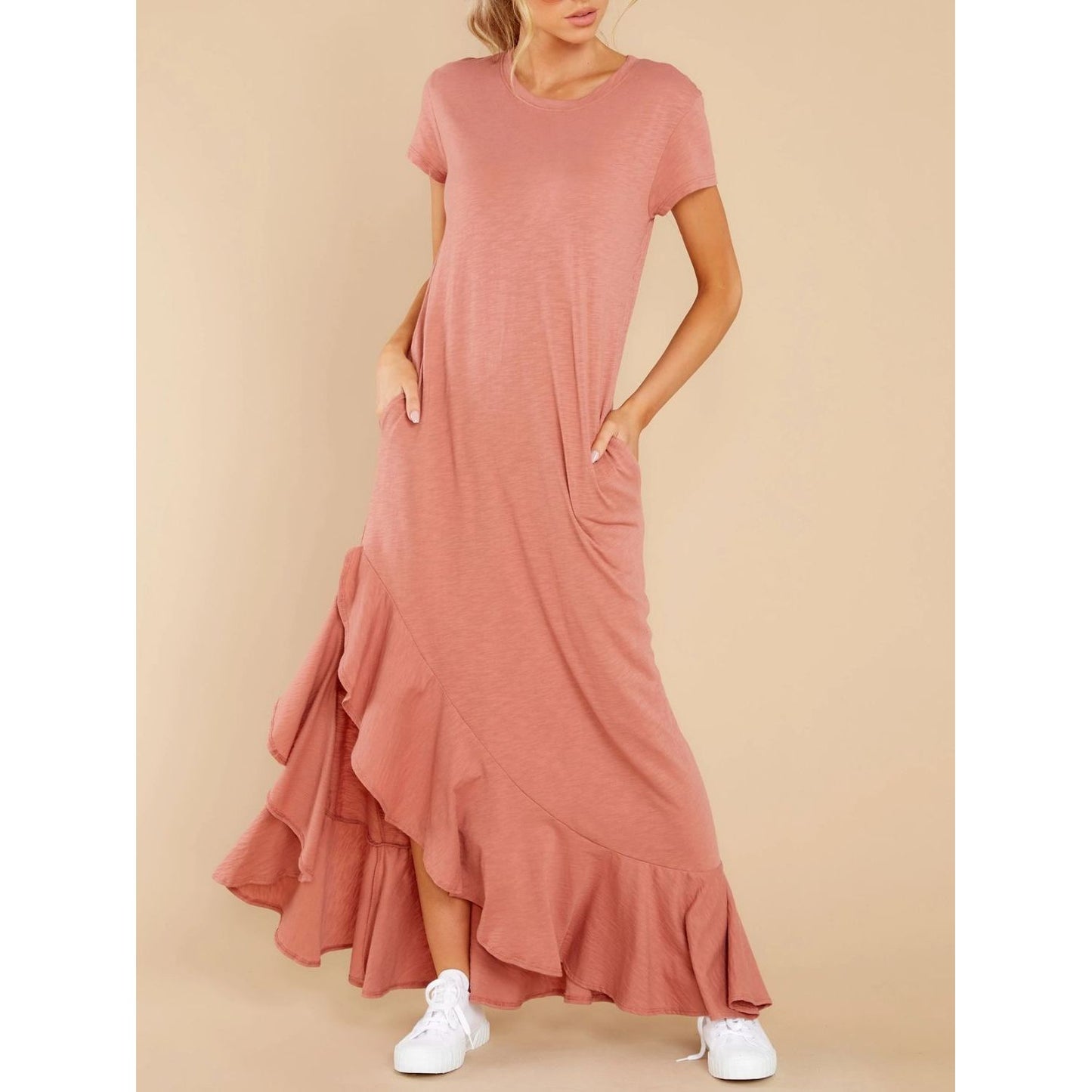 Slit Round Neck Short Sleeve Maxi Dress