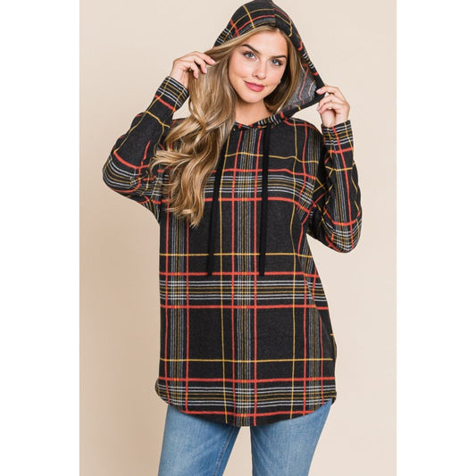 BOMBOM Drawstring Plaid Long Sleeve Hoodie