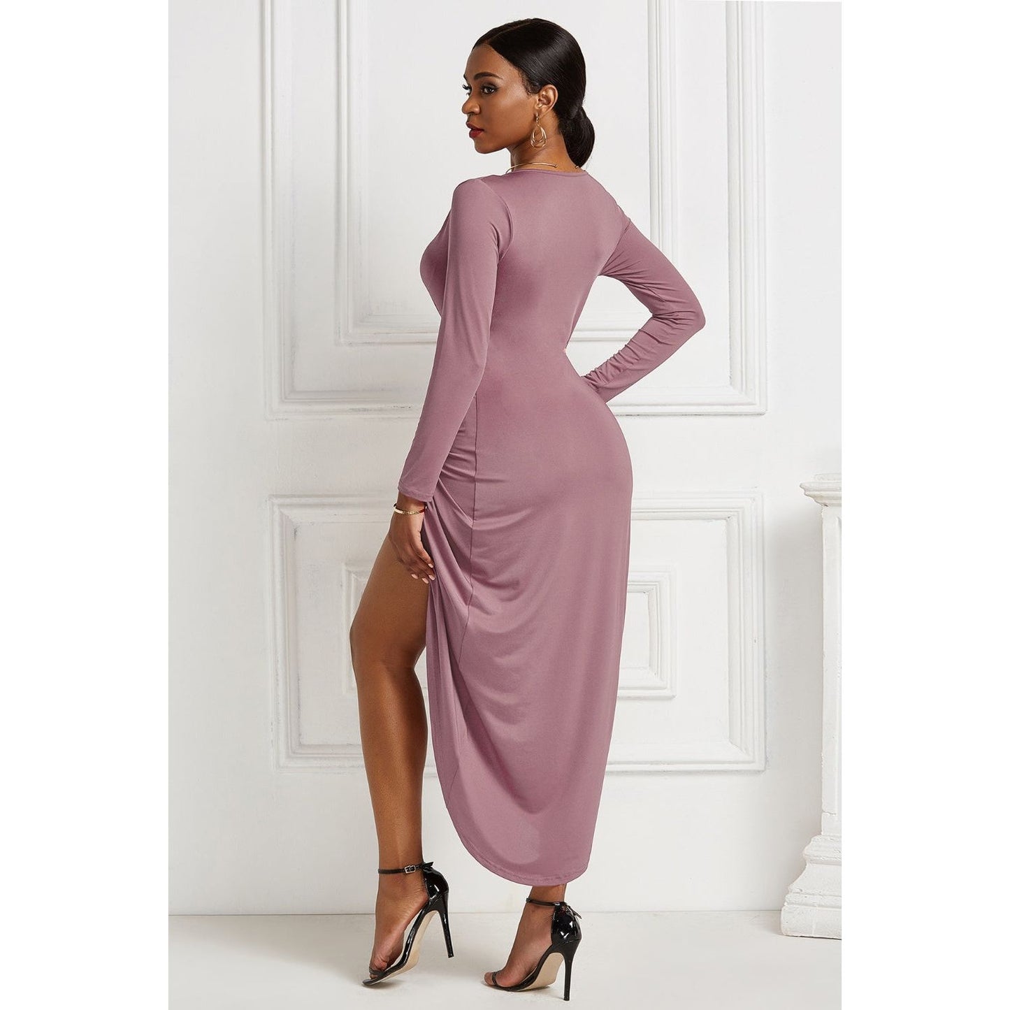 High-low Ruched Surplice Long Sleeve Dress