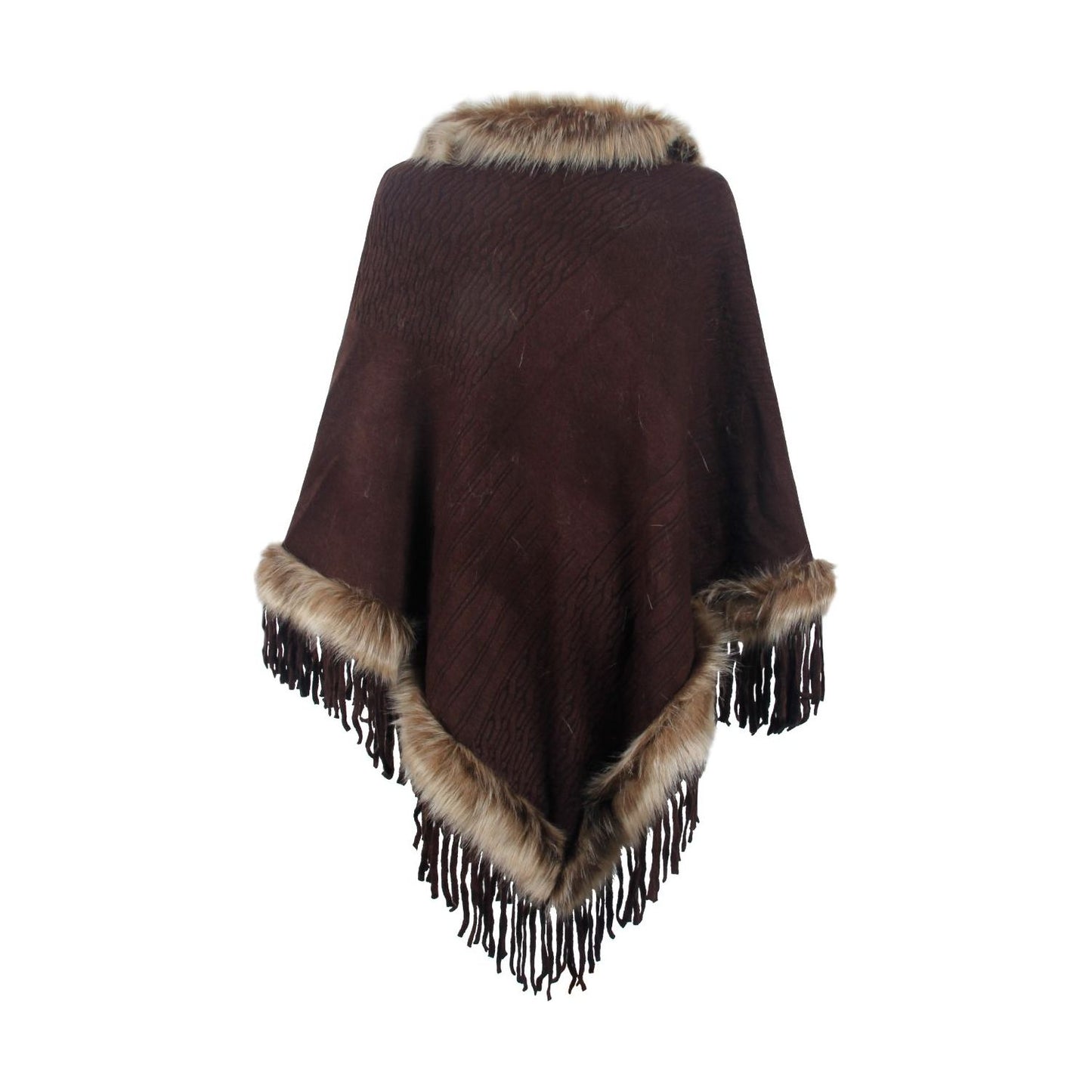 Faux Fur Trim Fringed Poncho