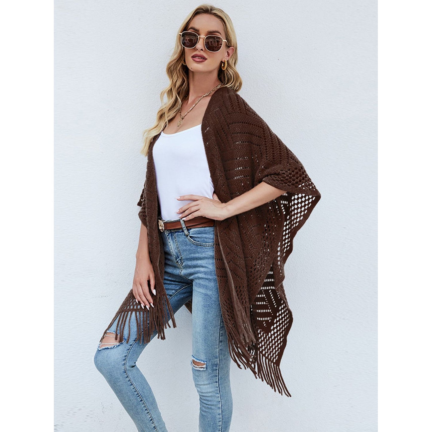 Shiny Fringe Hem Open Front Poncho