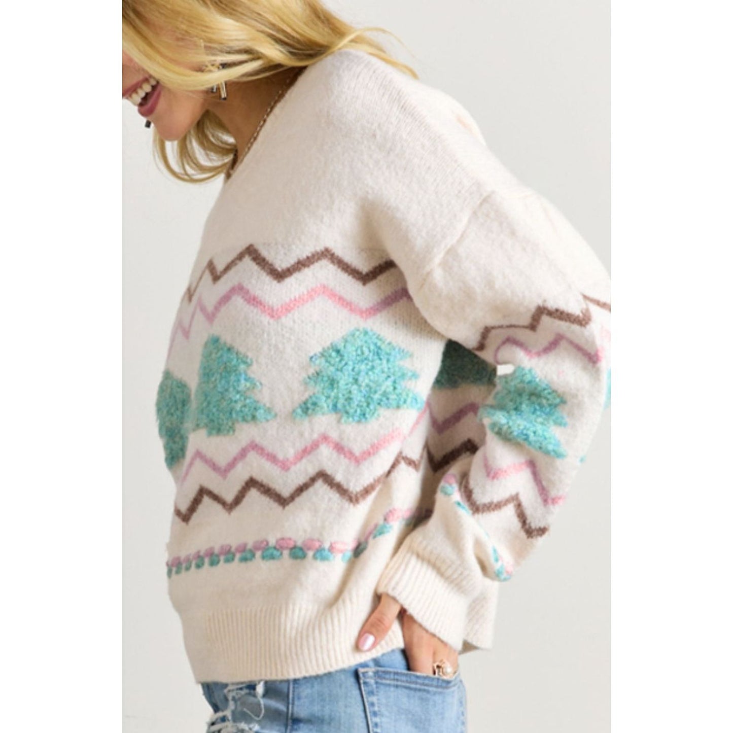 Christmas Tree Ribbed Hem Dropped Shoulder Sweater