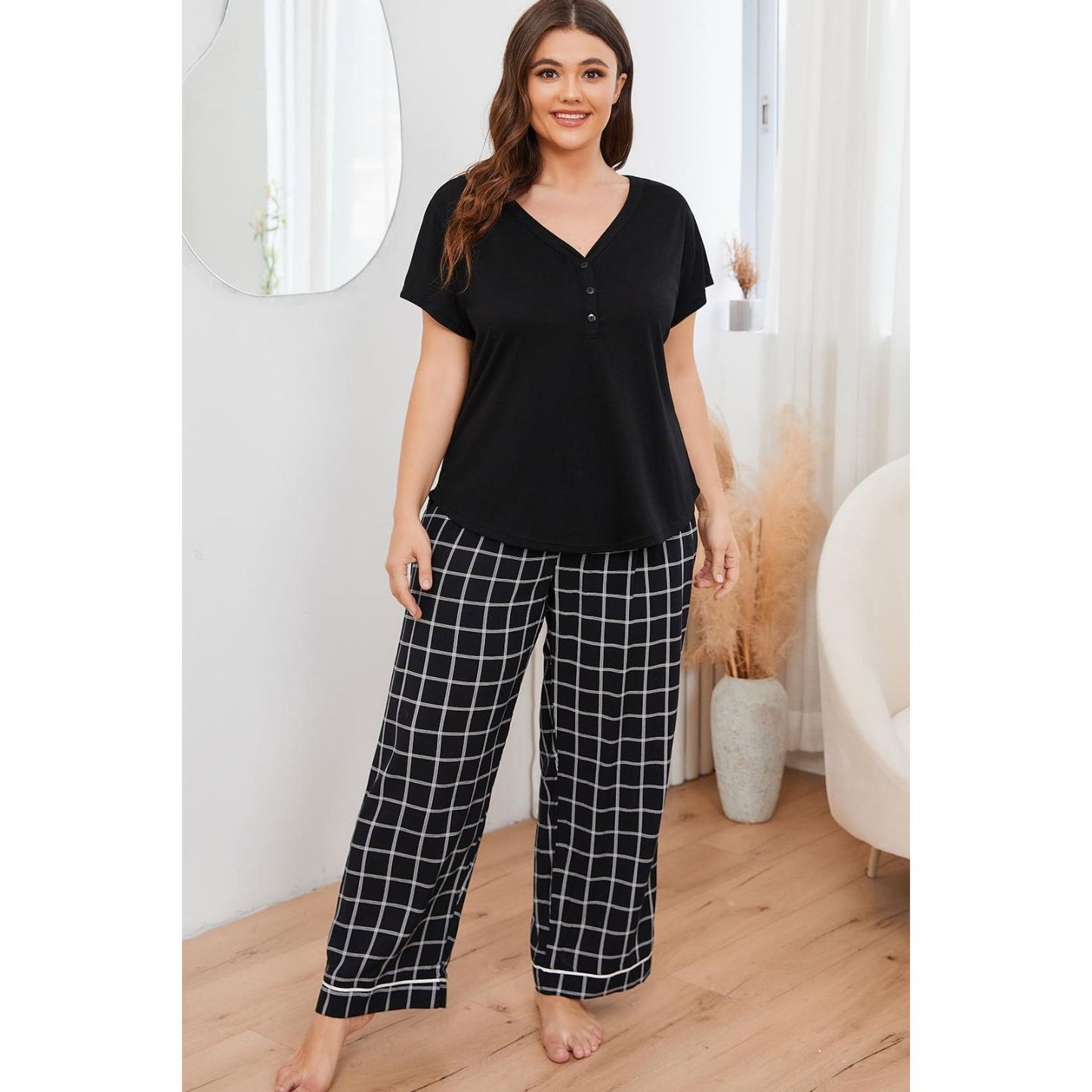 Plus Size V-Neck Top and Plaid Pants Lounge Set