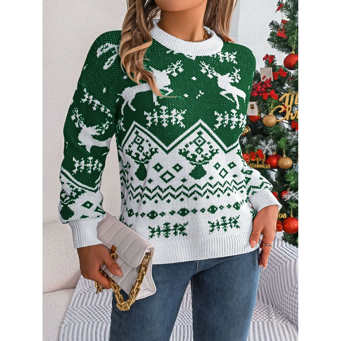 Christmas Element Round Neck Long Sleeve Sweater