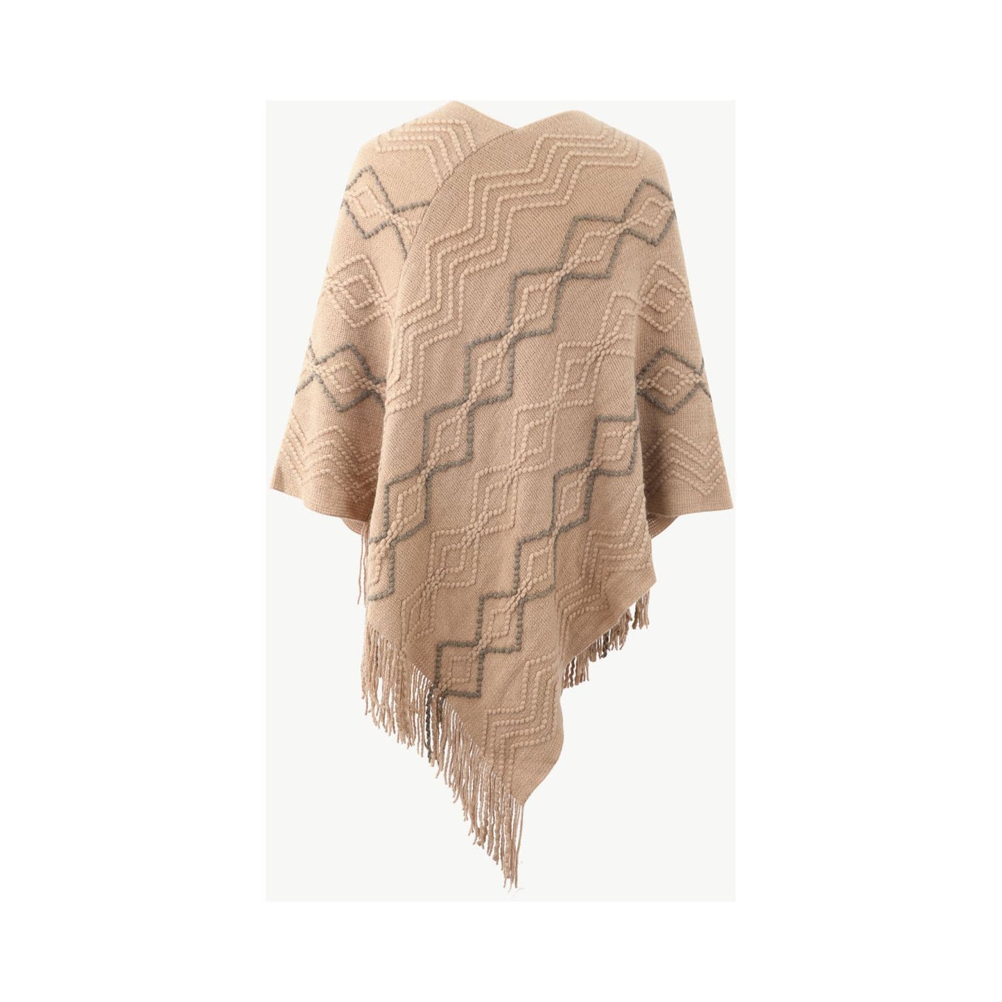 Pearl Trim V-Neck Fringe Hem Poncho