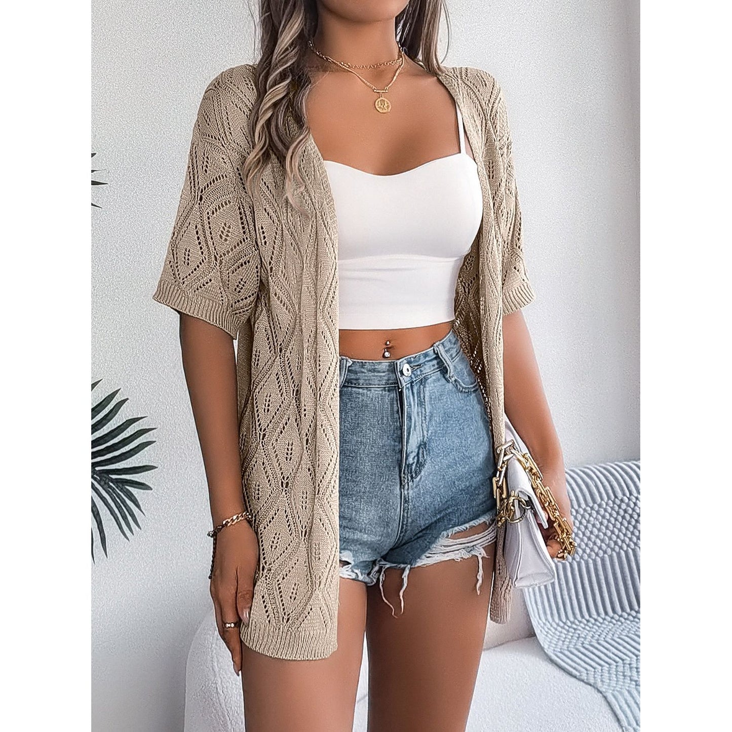 Openwork Open Front Half Sleeve Cardigan