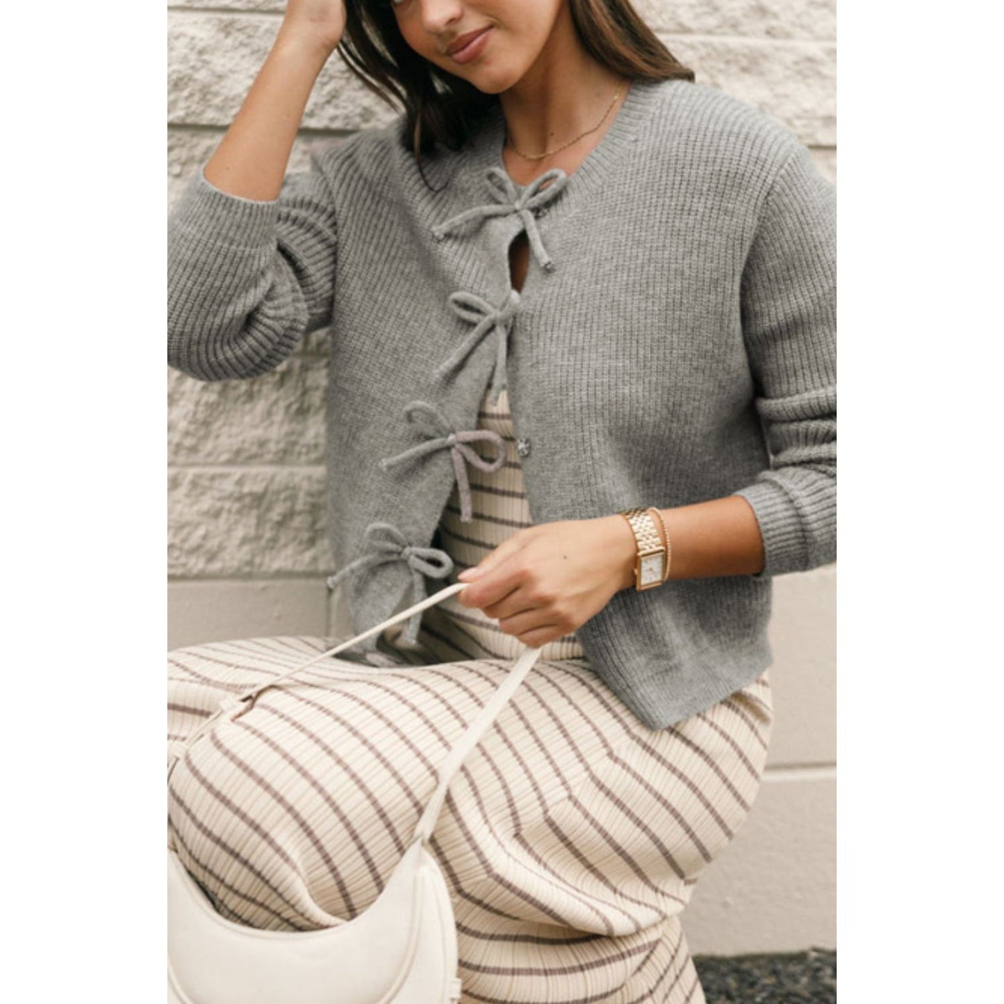 Bow Round Neck Long Sleeve Cardigan